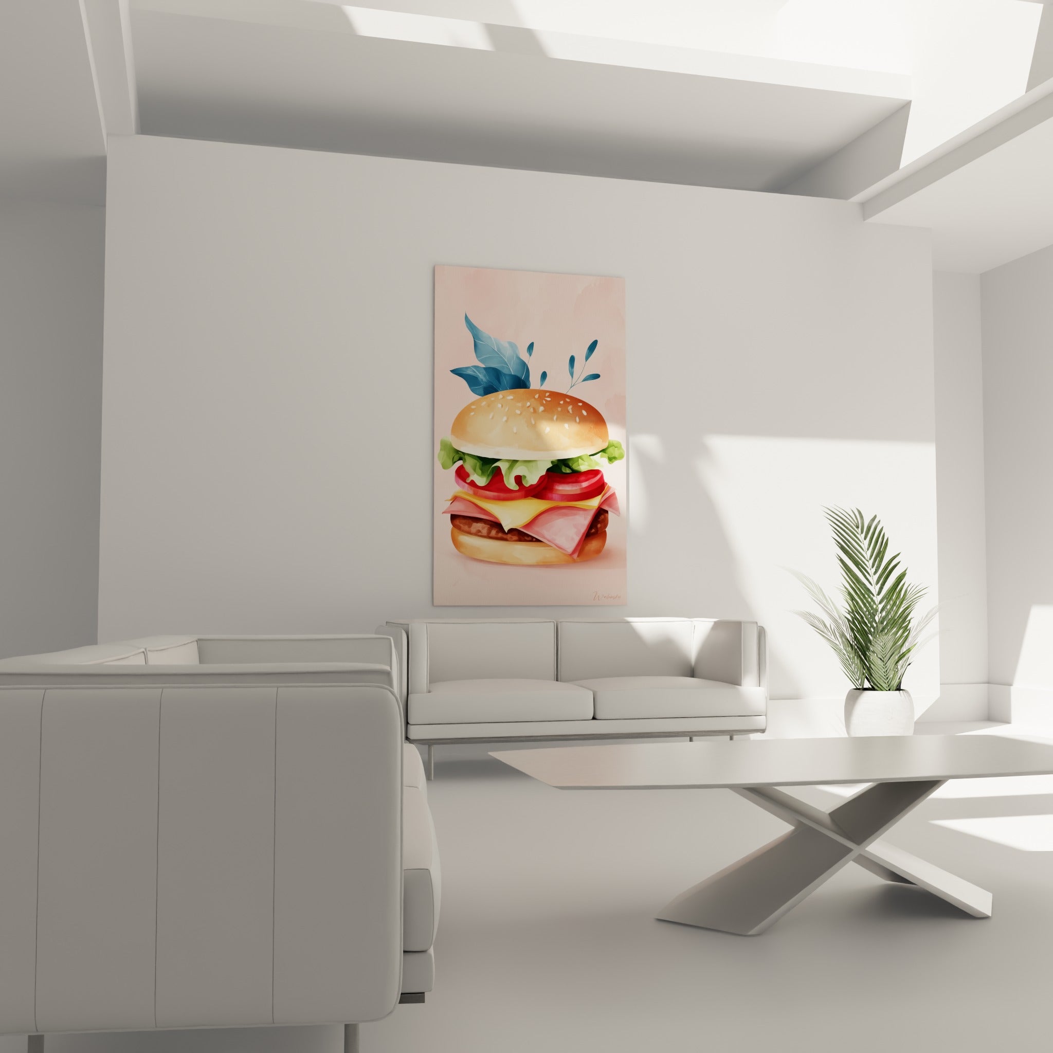 Burger vert salade et rouge tomate suspendu au-dessus d'un canapé dans un salon lumineux