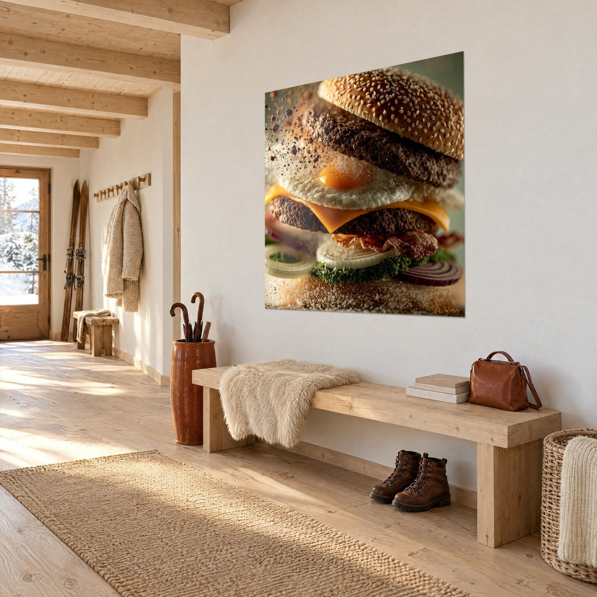 Quadro cheeseburger gigante, bistecca bruna, cheddar arancione e cipolle bianche, appeso nell'ingresso di uno chalet con pavimento in legno chiaro