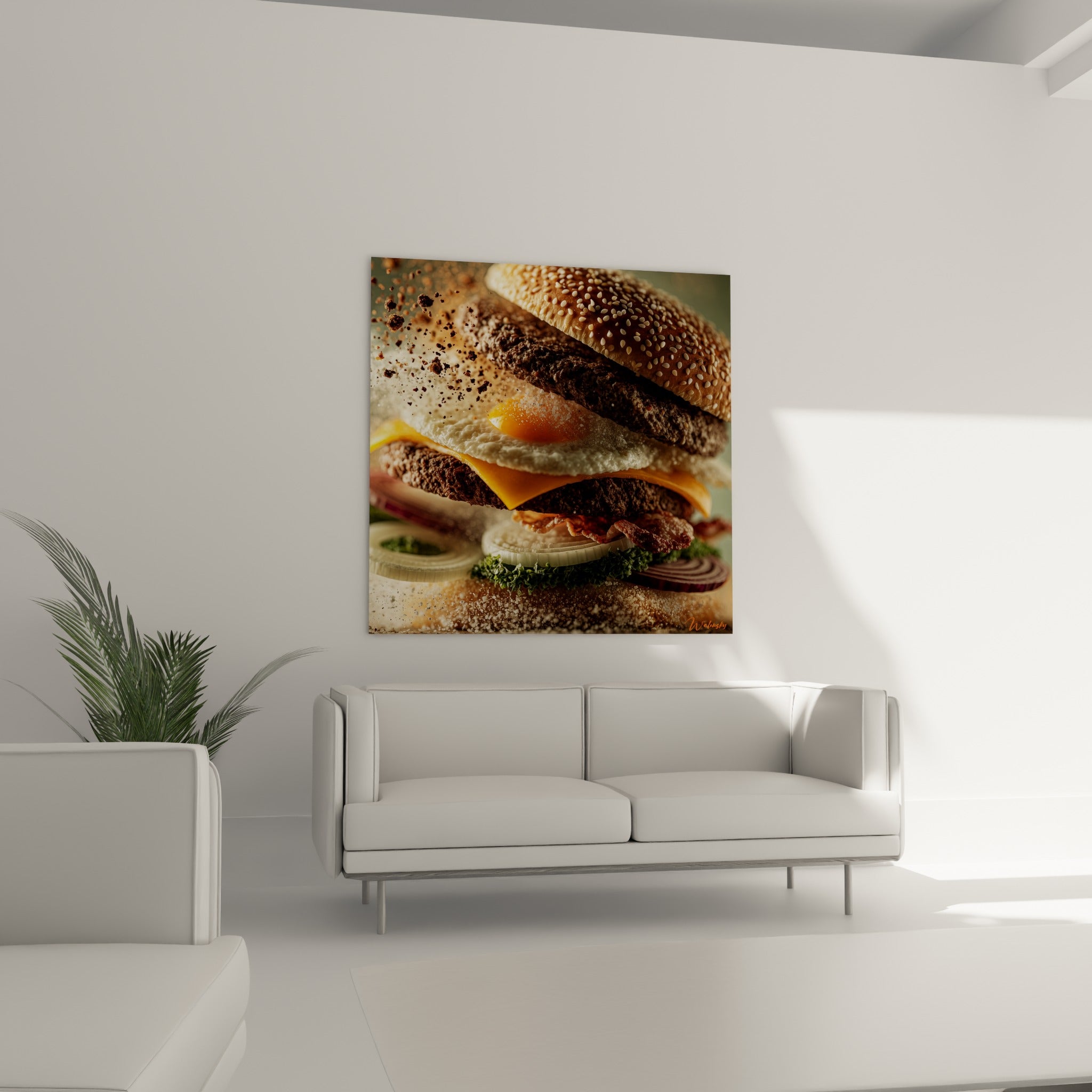 Burger gourmand brun et doré, œuf au plat orangé, disposé au-dessus d'un canapé dans un salon lumineux