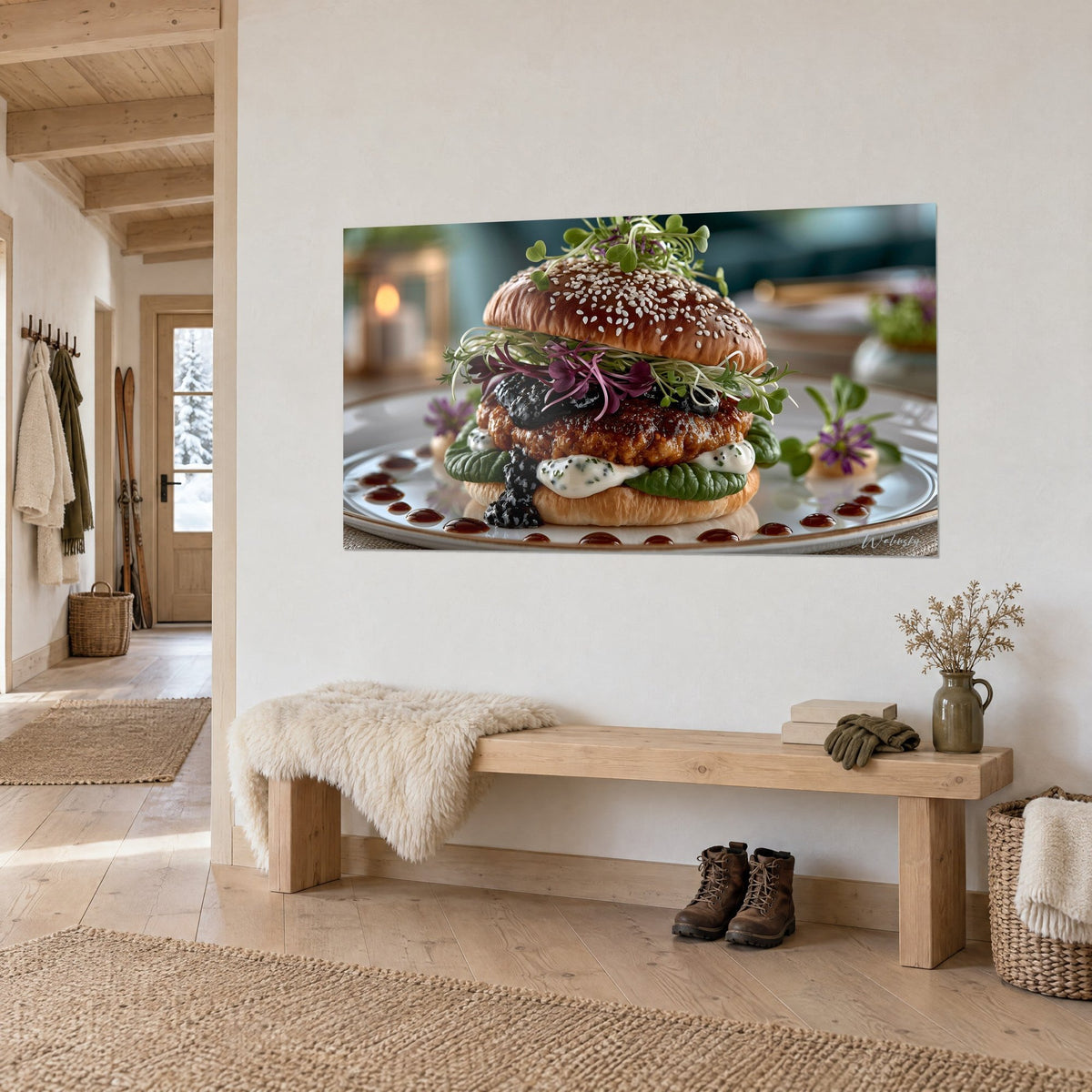 Gemälde Brioche-Sandwich mit Sesamkörnern, karamellisiertem Steak und weißer Creme, helle Holzbank, Chalet-Eingang