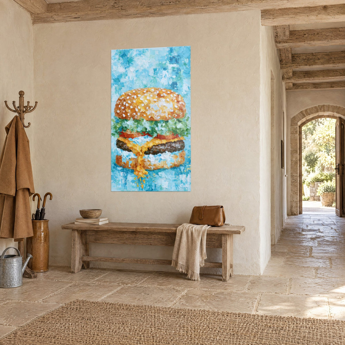 Wall art sandwich with brown grilled meat, red tomato and amber brioche bun, hung on a light stone wall in three-quarter view