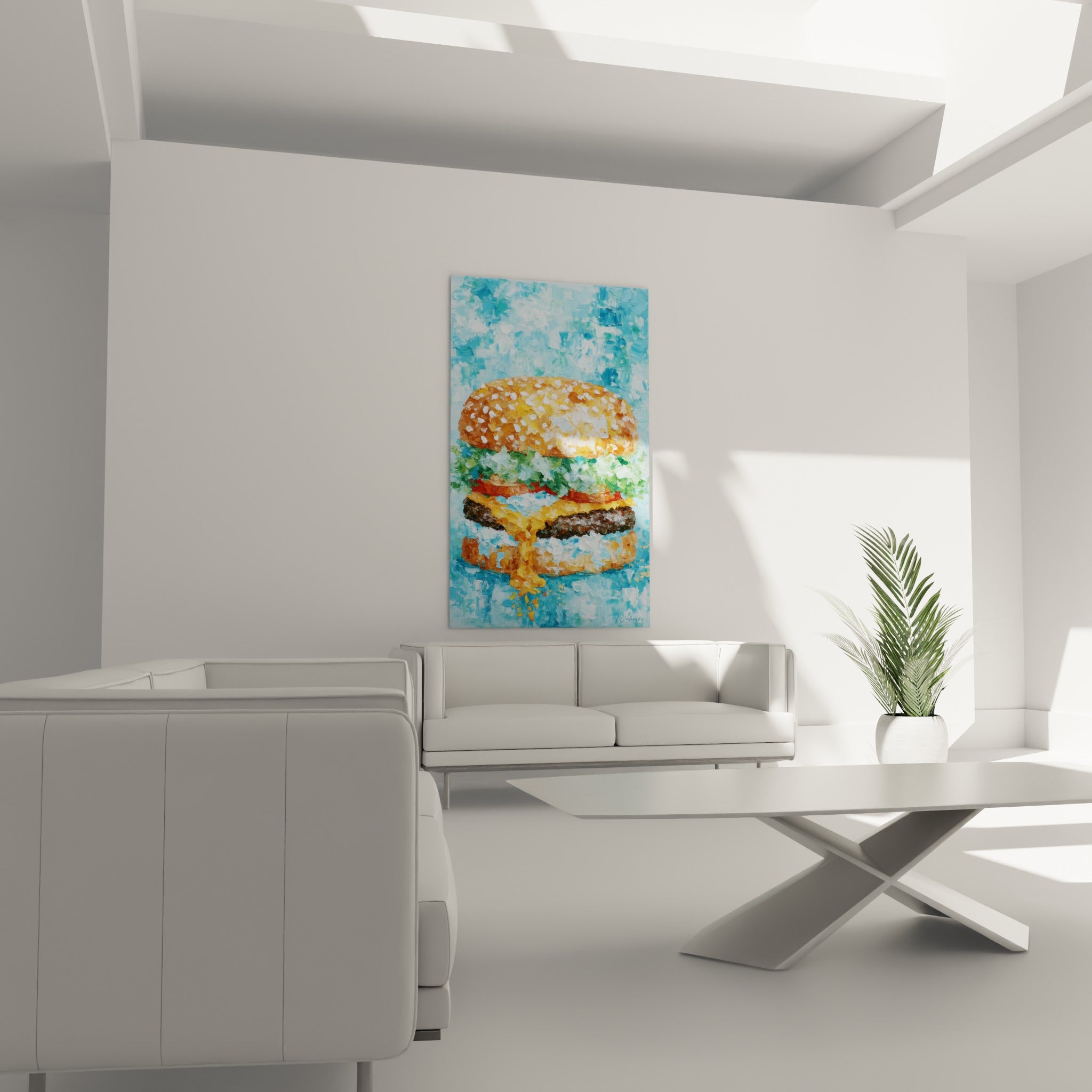 Burger fauve et vert accroché au-dessus d'un canapé dans un salon lumineux