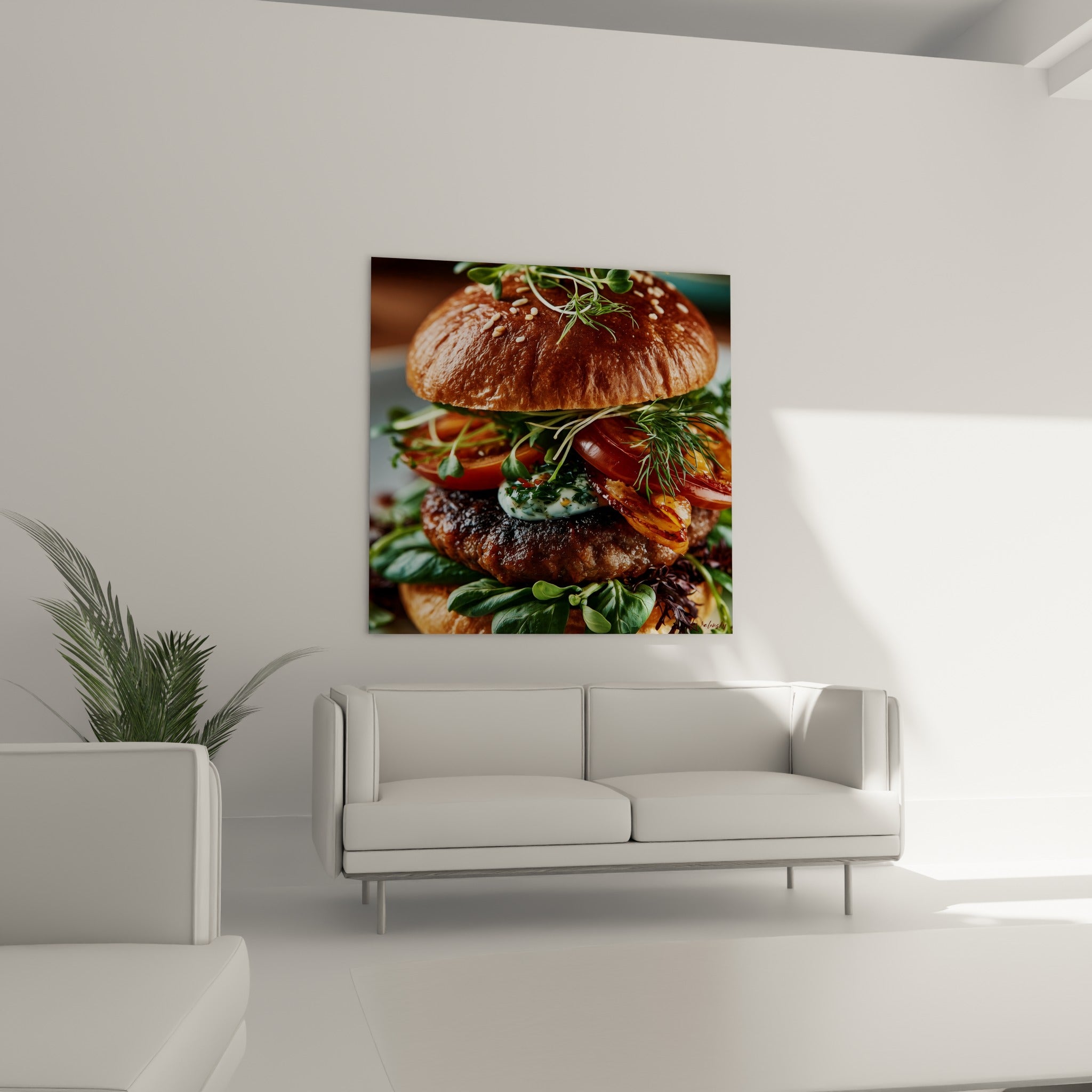 Empilement généreux d'un burger brioché doré et vert accroché au-dessus d'un canapé dans un salon lumineux