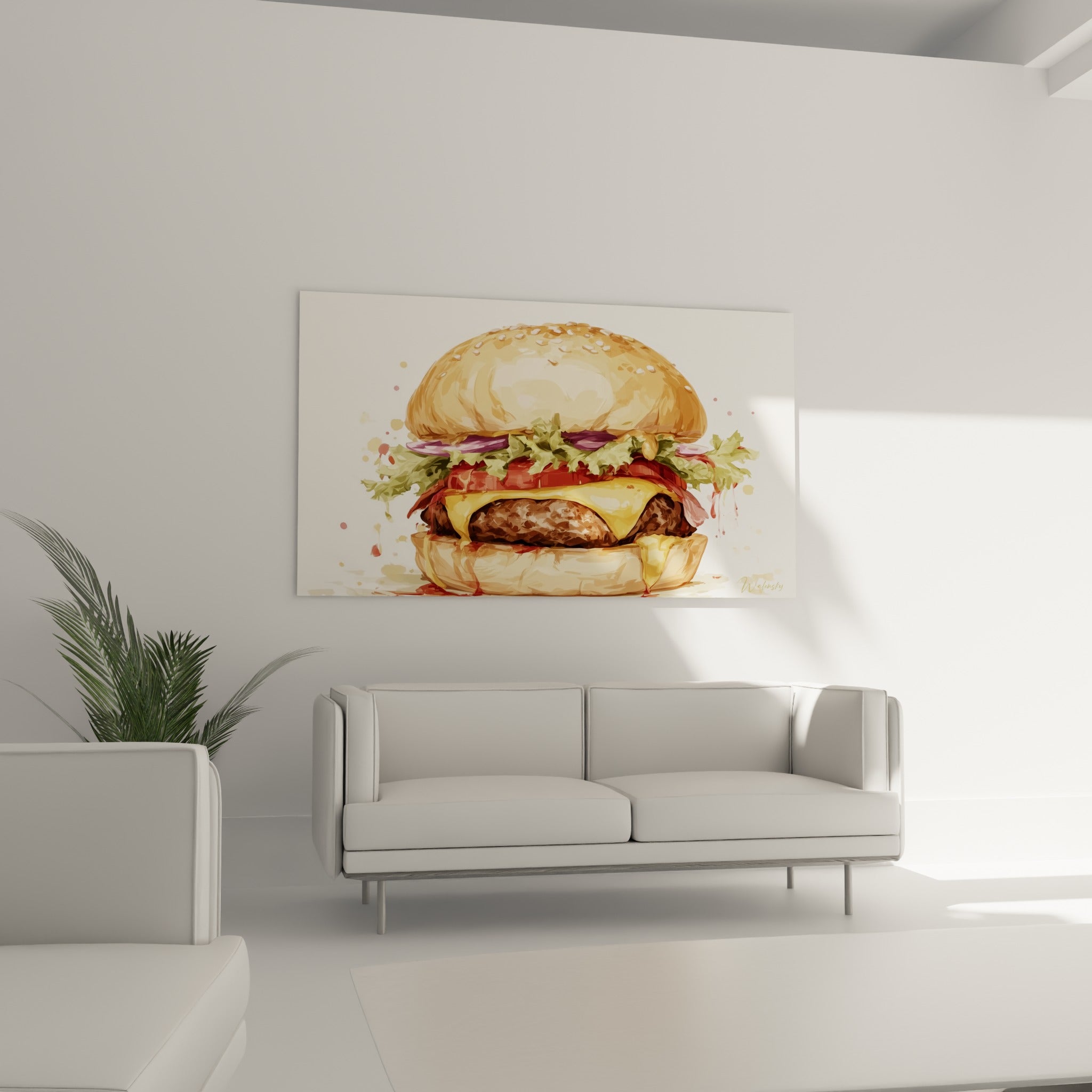 Burger fromage fondant et légumes colorés placé au-dessus d'un canapé dans un salon lumineux