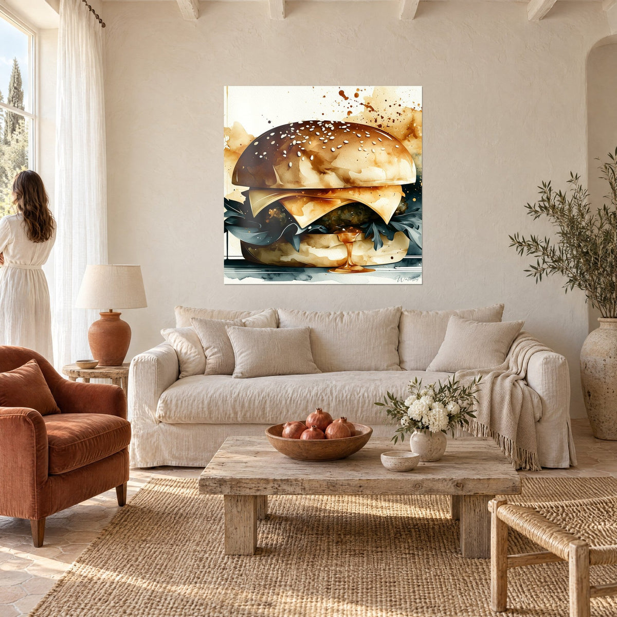 Gemälde Gourmet-Burger mit Karamell- und Schiefblau-Reflexen, schmelzender Käse und Sesamkörner, über einem Sofa in einem hellen Wohnzimmer