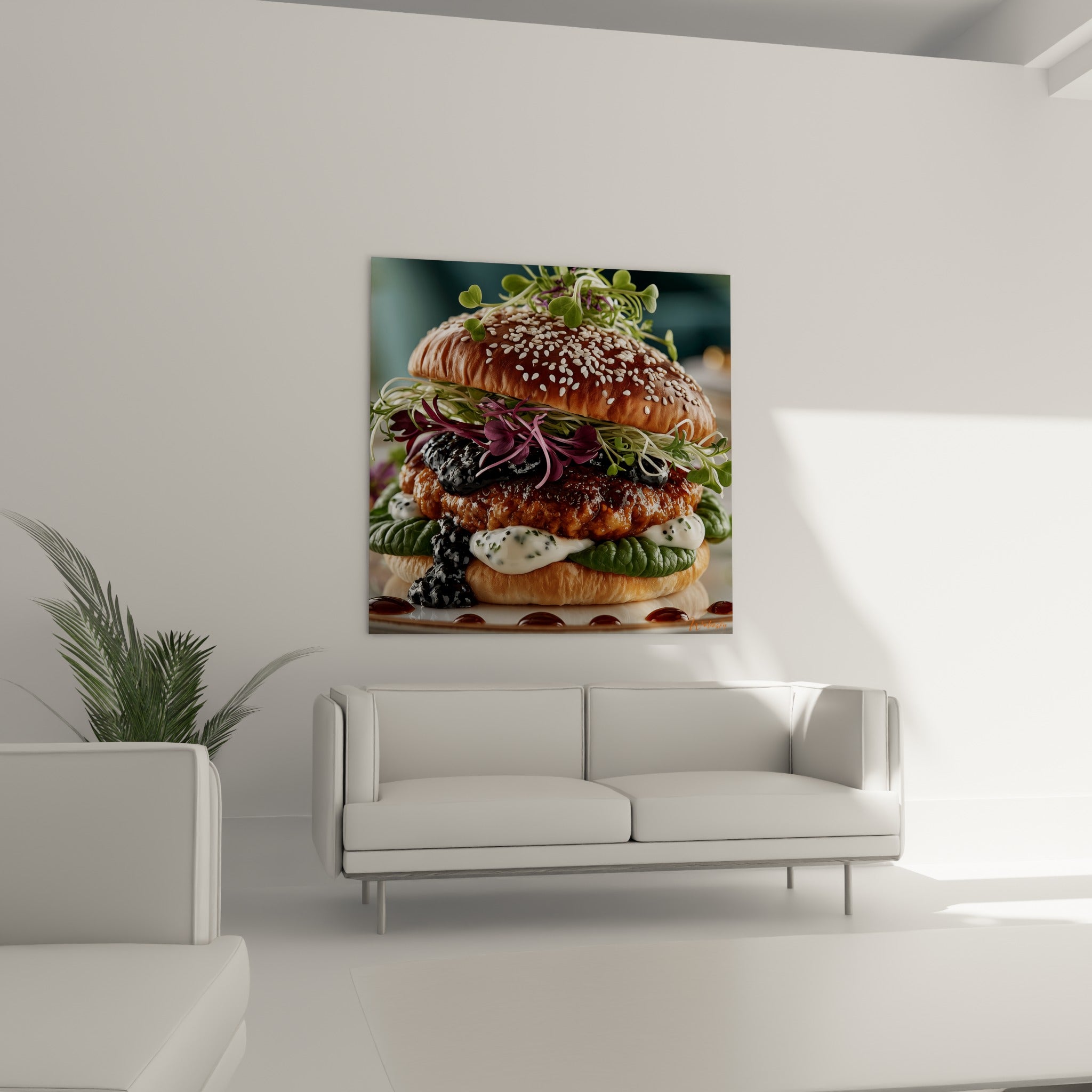 Sauce crémeuse blanche et confiture violette garnissant ce burger, au-dessus d'un canapé dans un salon lumineux