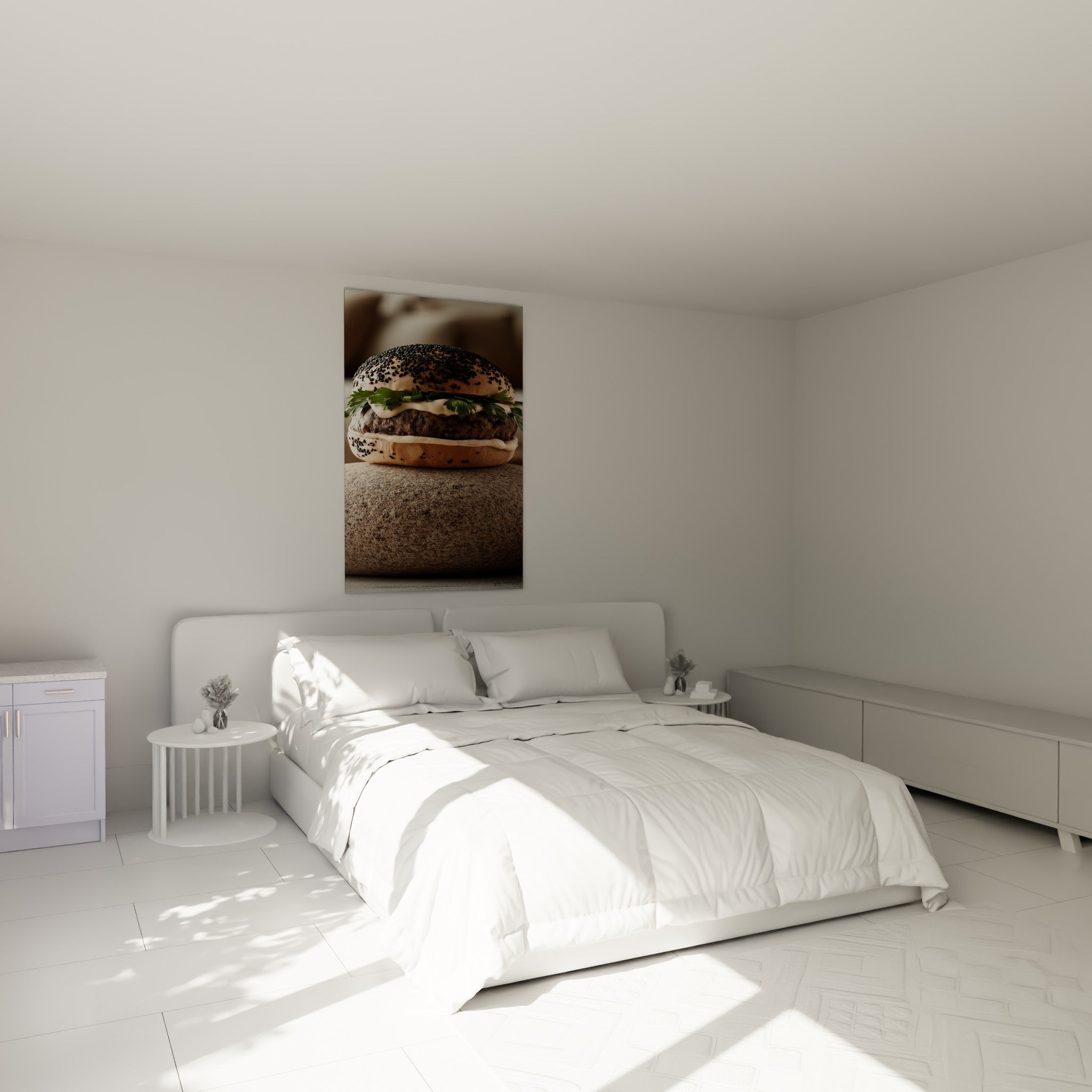 Burger gourmand aux tons bruns et crème accroché au-dessus d'un lit dans une chambre claire