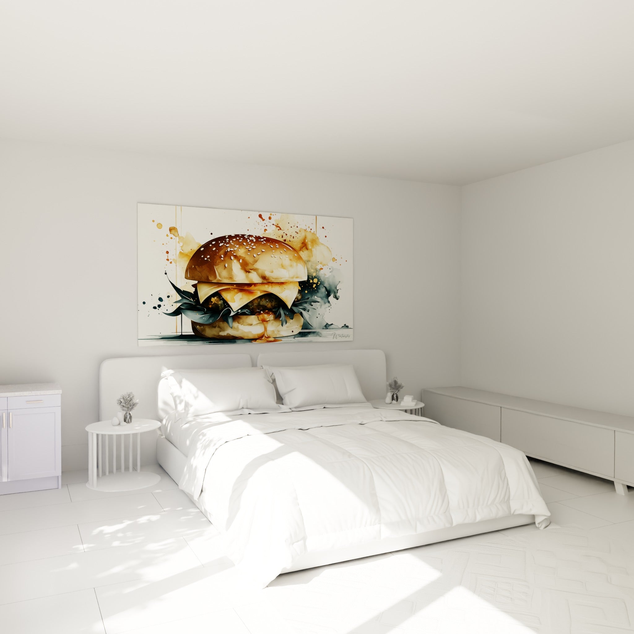 Sandwich généreux aux tons ocre et bruns accroché au-dessus d'un lit dans une chambre claire