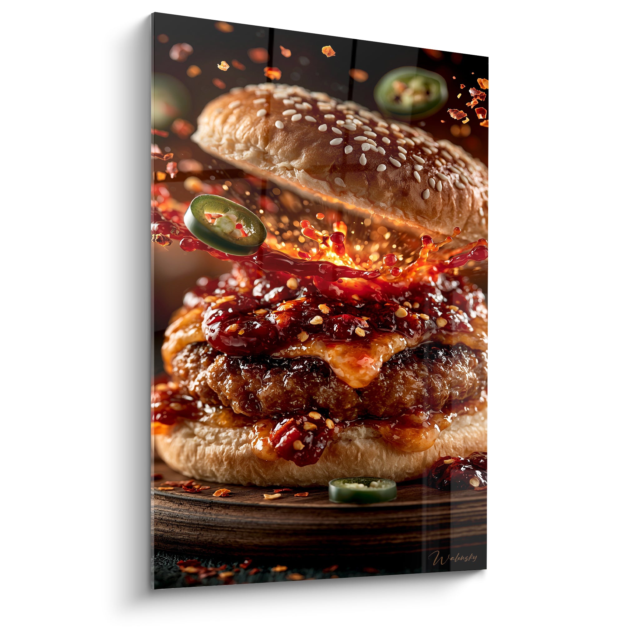 Burger doré éclaboussé de sauce grenat et piments verts sur fond noir intense