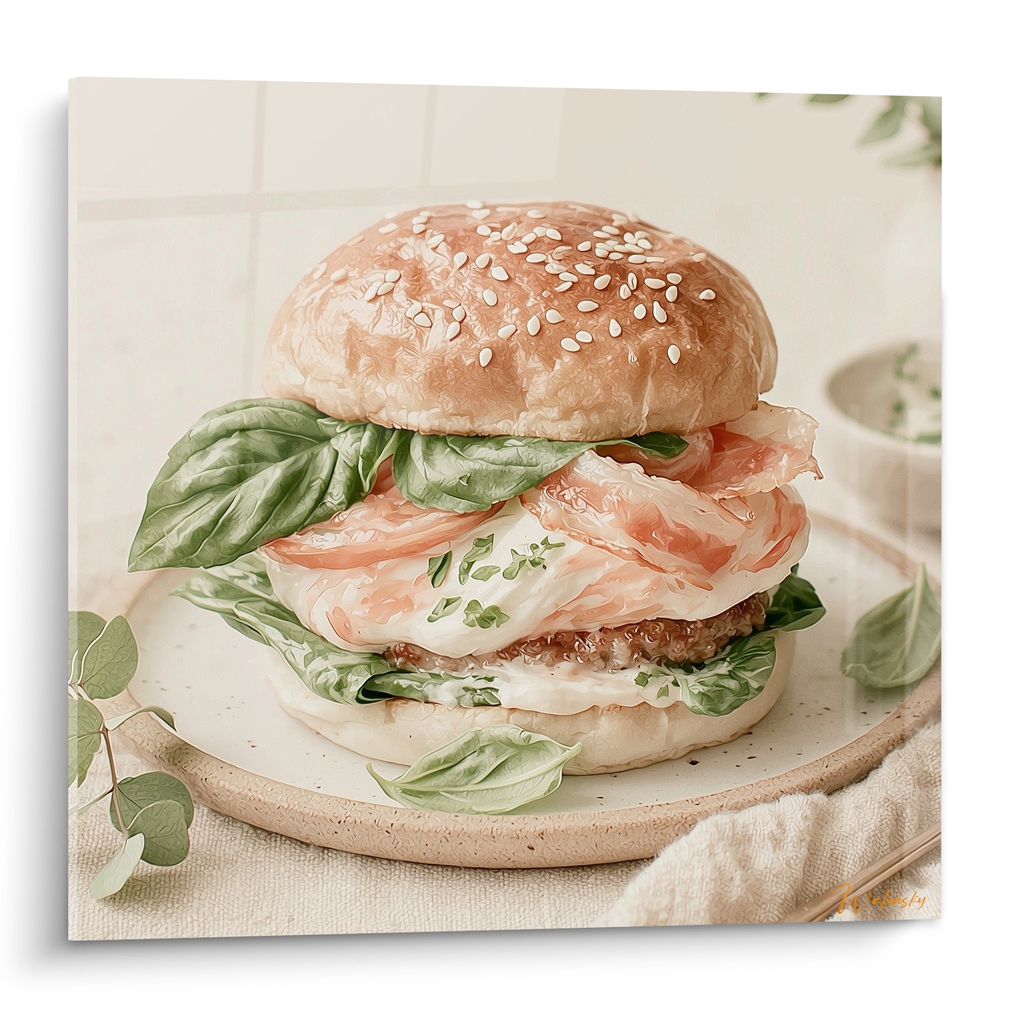 Burger doré aux feuilles de basilic vert et sauce blanche, sésame et pain brillant en gros plan