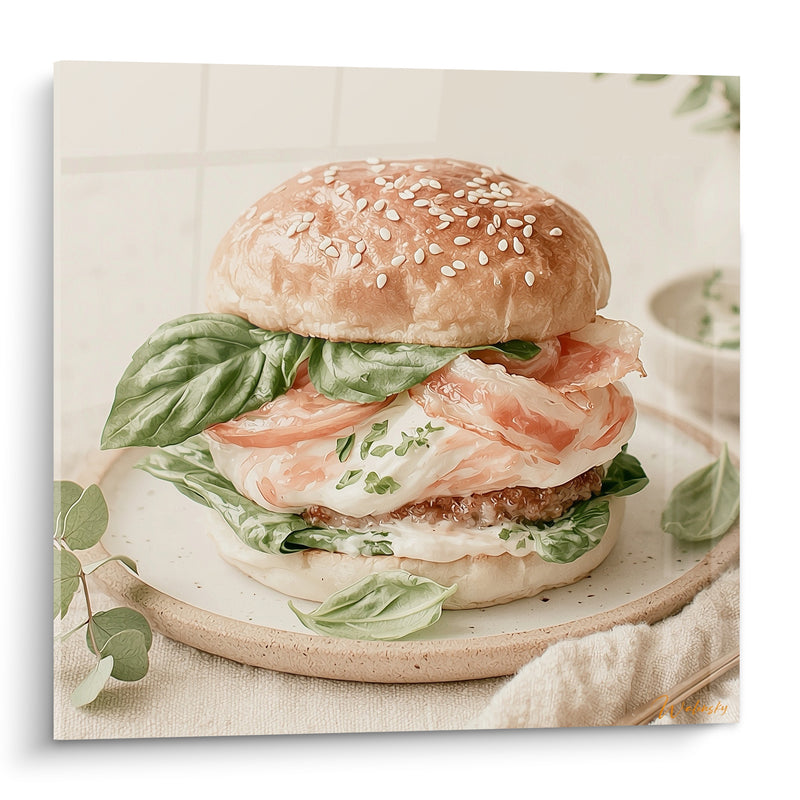 Tableau Burger rose et blanc aux feuilles de basilic - Assiette en céramique mate - Edition Burger