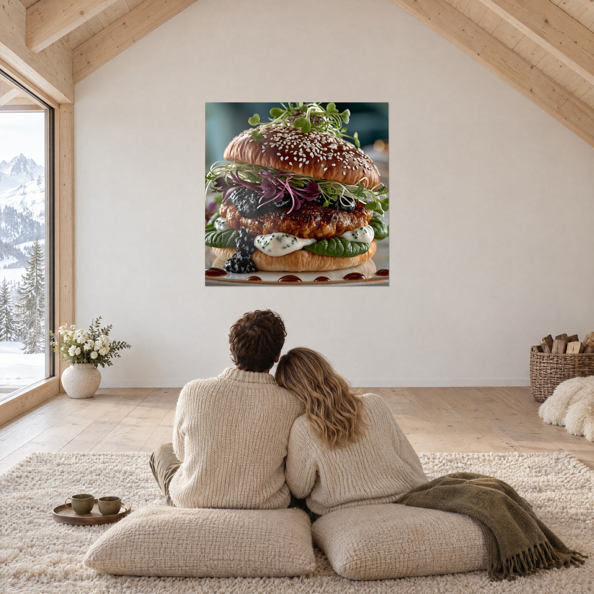 Tableau burger gastronomique, pain doré parsemé de sésame et pousses violettes, contemplé par un couple sur des coussins beiges