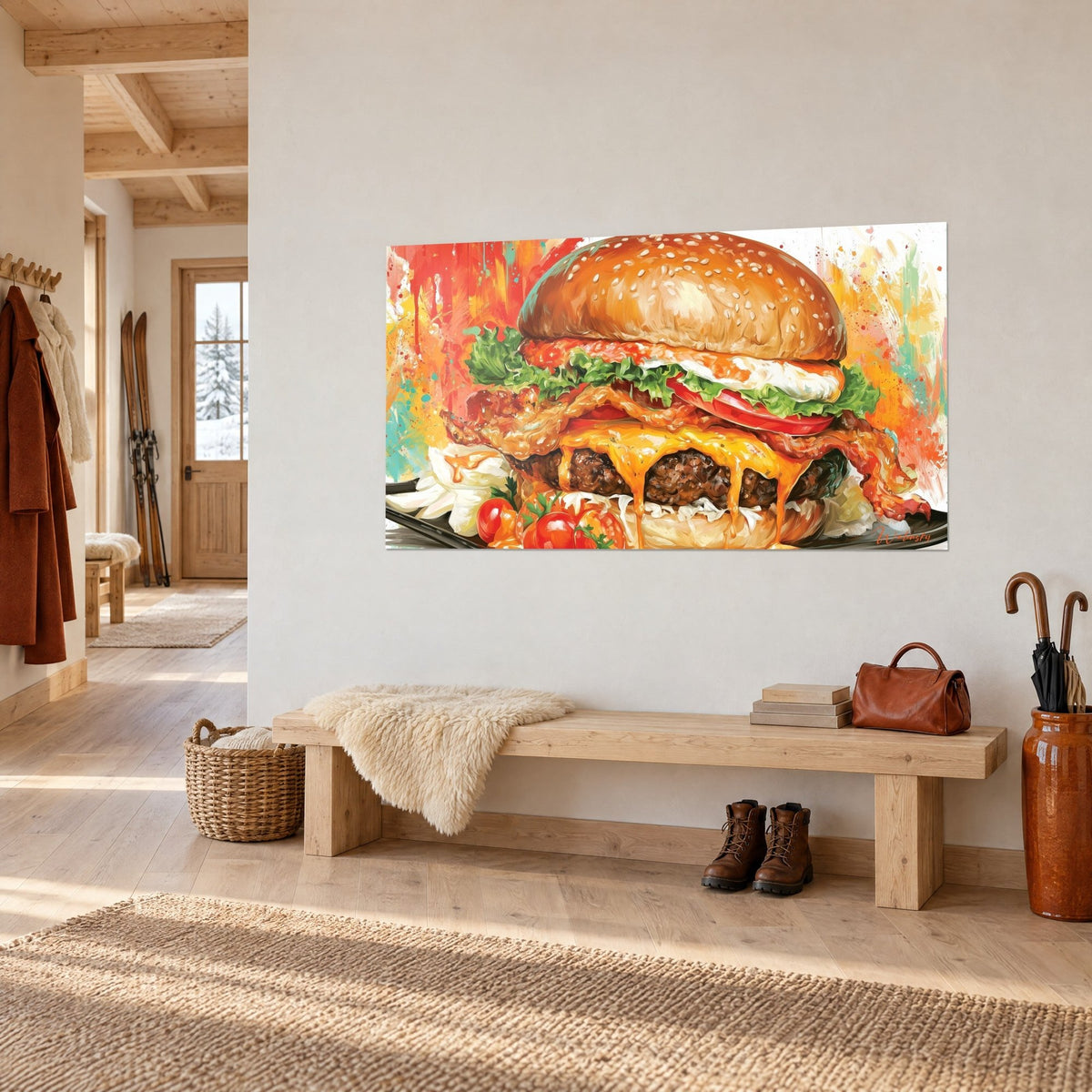 Quadro panino con pancetta croccante, pane brioche ambrato e salsa arancione, appeso sopra una panca in rovere nell'ingresso