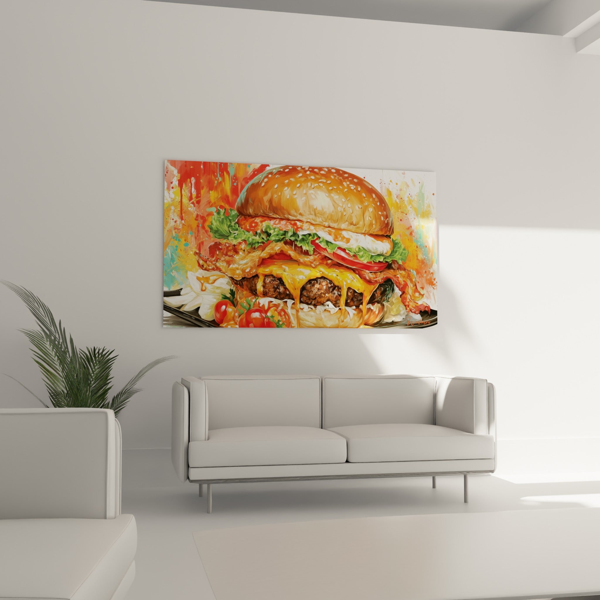 Bacon croustillant et laitue verte composent ce burger suspendu au-dessus d'un canapé dans un salon lumineux
