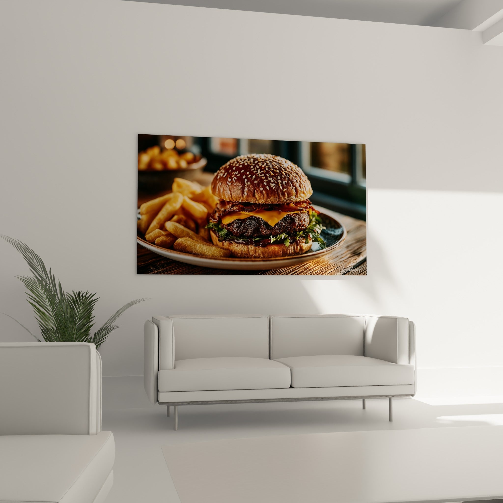 Burger juteux entre pain sésame doré et frites croustillantes, au-dessus d'un canapé dans un salon lumineux