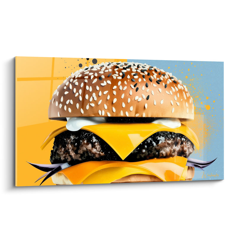 Tableau Burger jaune et bleu au steak charbonneux - Fond bicolore éclaboussé - Edition Burger