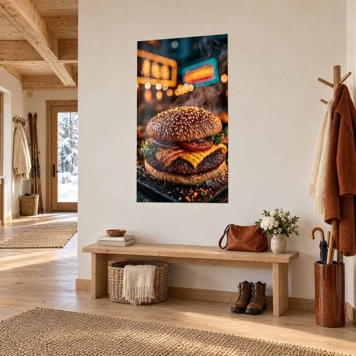 Gemälde dampfender Cheeseburger auf mitternachtsblauem Hintergrund, geschmolzener orangefarbener Cheddar und rote Zwiebel, gehängt in einem Eingang aus Chaletholz