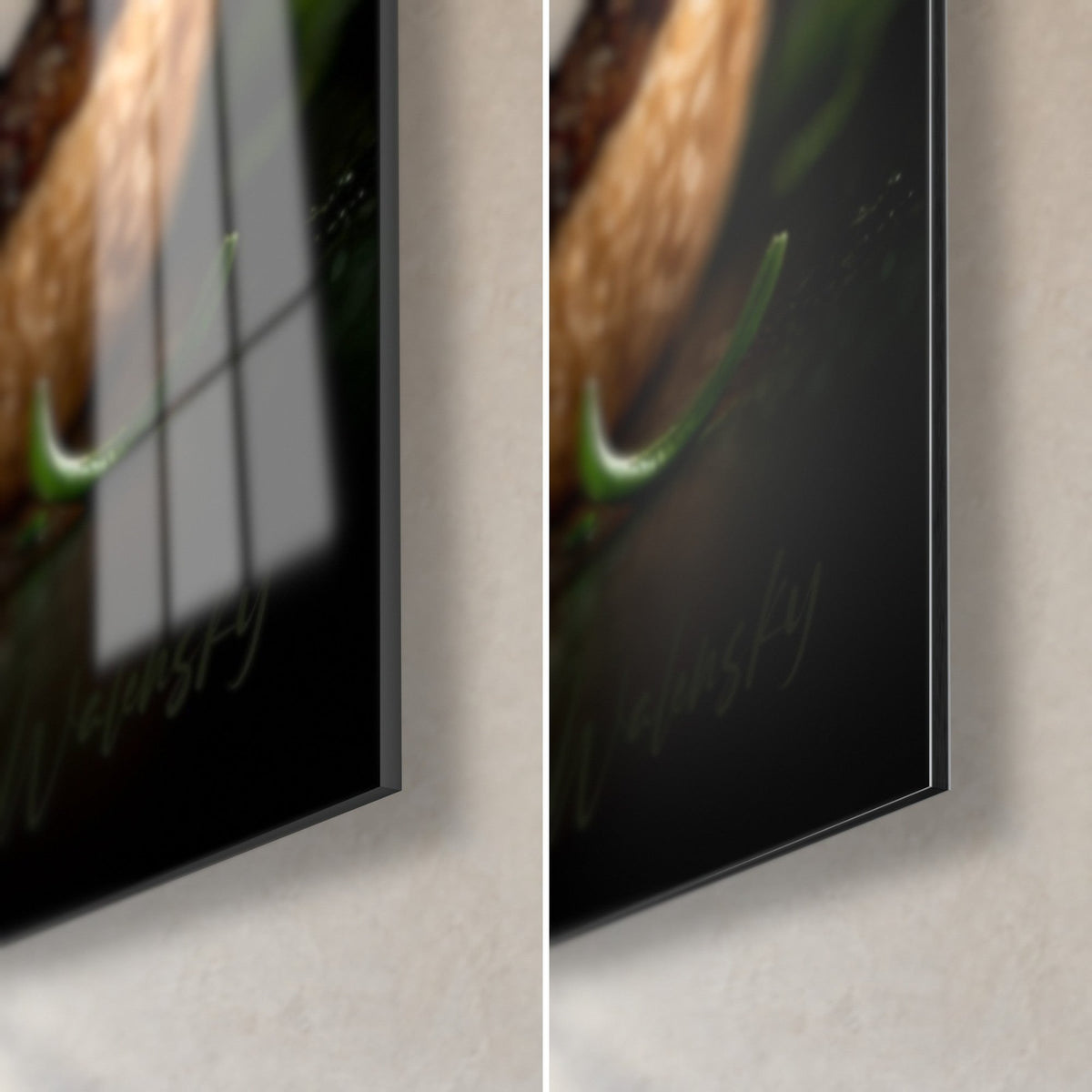 Wall art with a hamburger and green basil leaves, bottom right corner: glossy acrylic glass reflecting the window, matte black Dibond aluminium, 3 mm thickness