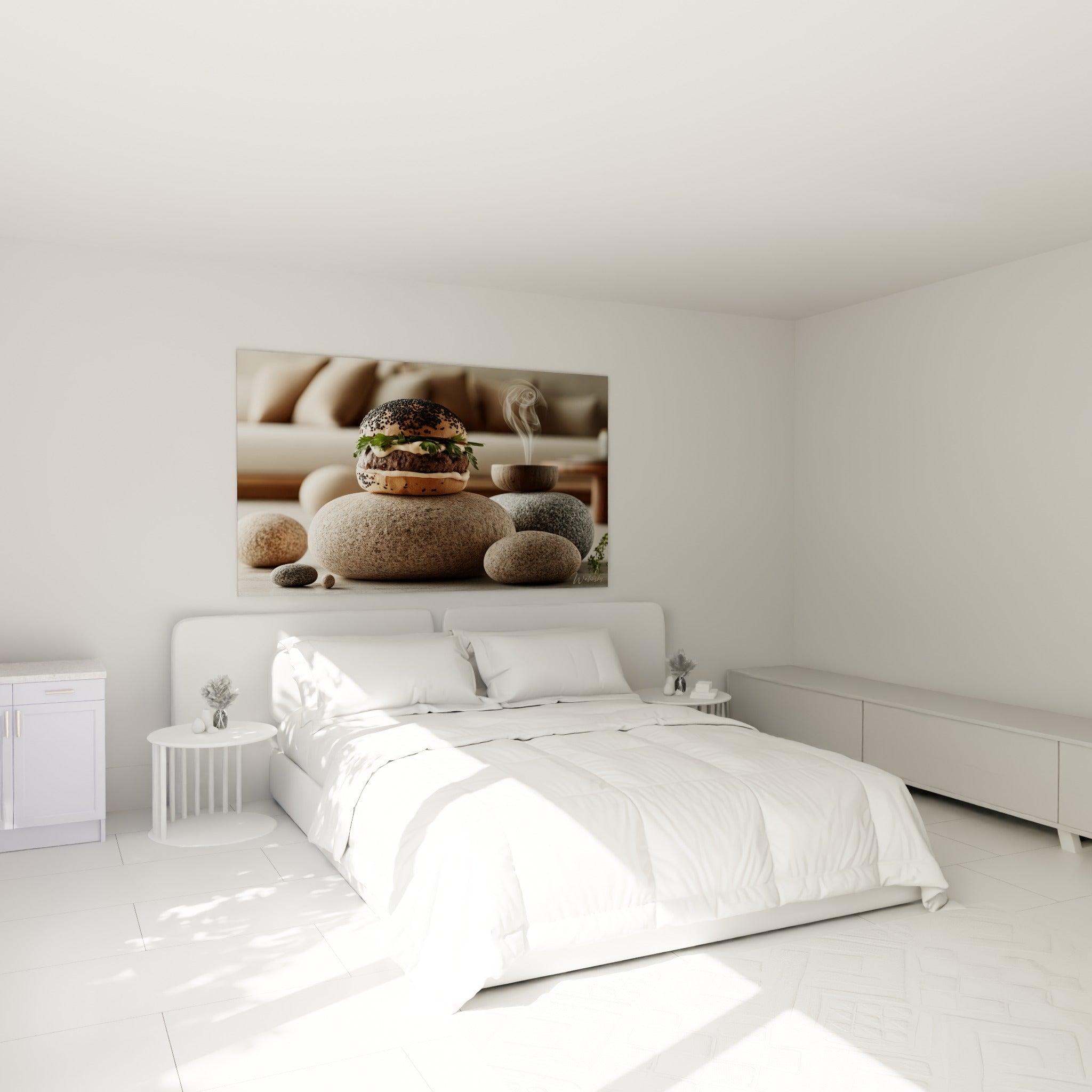 Composition gourmande beige et anthracite d'un burger sur galets, au-dessus d'un lit dans une chambre claire