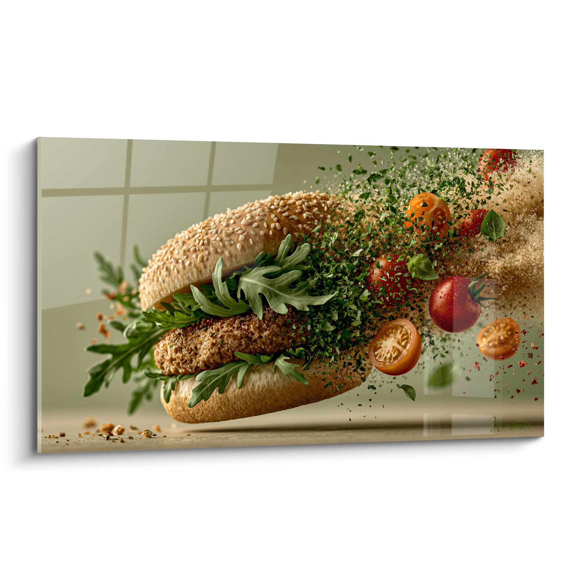 Burger au sésame et roquette verte en pleine explosion avec tomates rouges éclatées