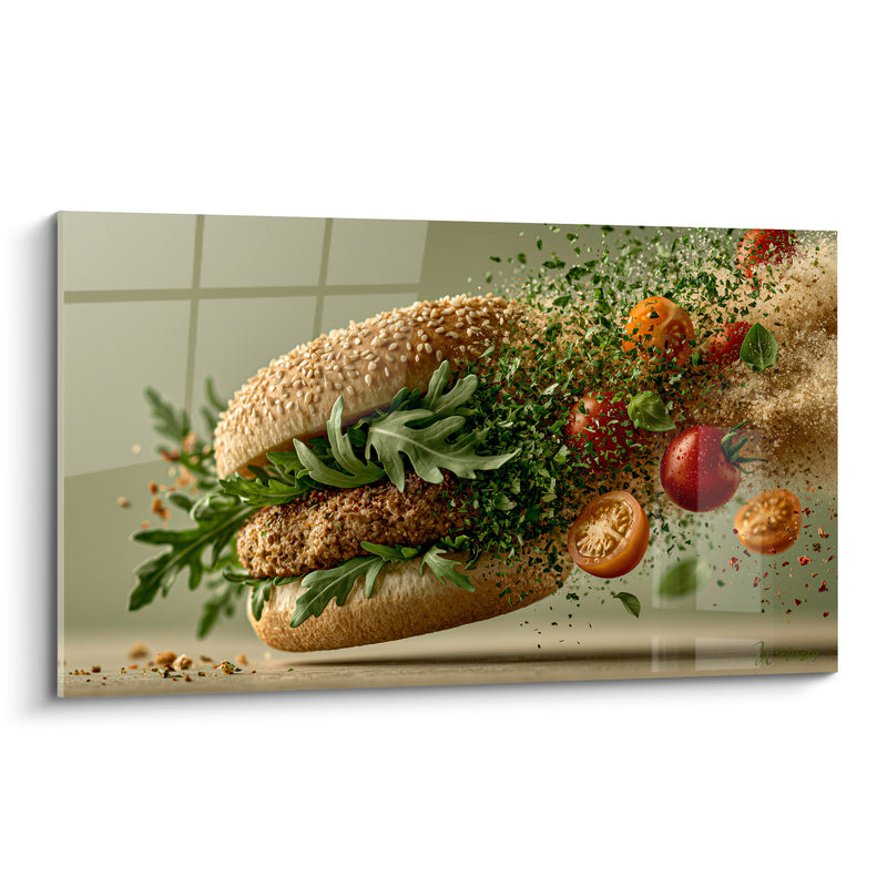 Tableau Pain sésame doré et vert en dispersion - Tomates cerises éclatées - Edition Burger