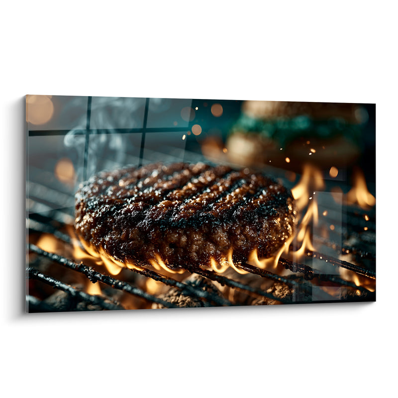 Tableau Steak haché grillé aux flammes ardentes - Grillade nocturne - Edition Burger