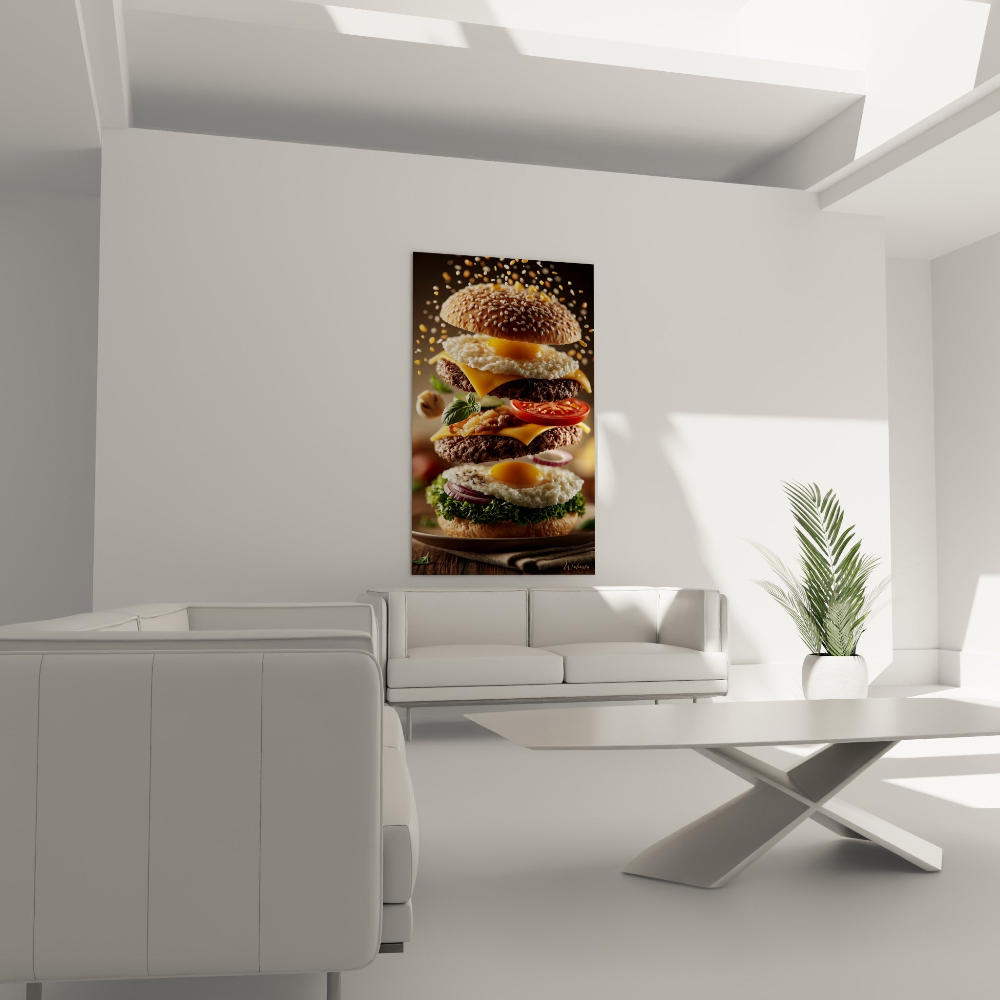 Steaks grillés et cheddar fondant d'un burger explosé au-dessus d'un canapé dans un salon lumineux