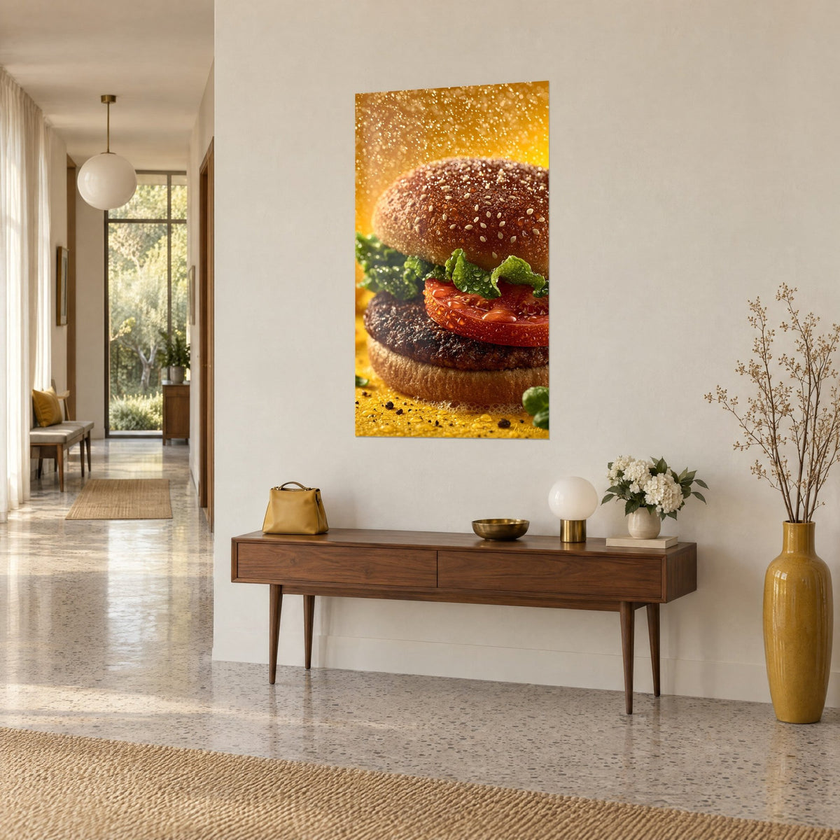 Wall art hamburger with brown grilled steak and green lettuce, glittering yellow background, hung above a wooden console, three-quarter view