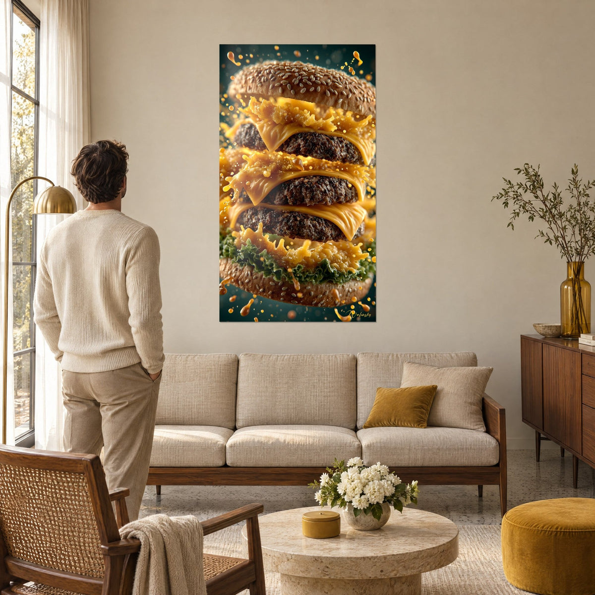 Πίνακας Γιγάντιο cheeseburger με τρεις καφέ μπιφτέκια και χρυσό τυρί που ξεχειλίζει, άντρας από την πλάτη πάνω από καναπέ σε φωτεινό σαλόνι