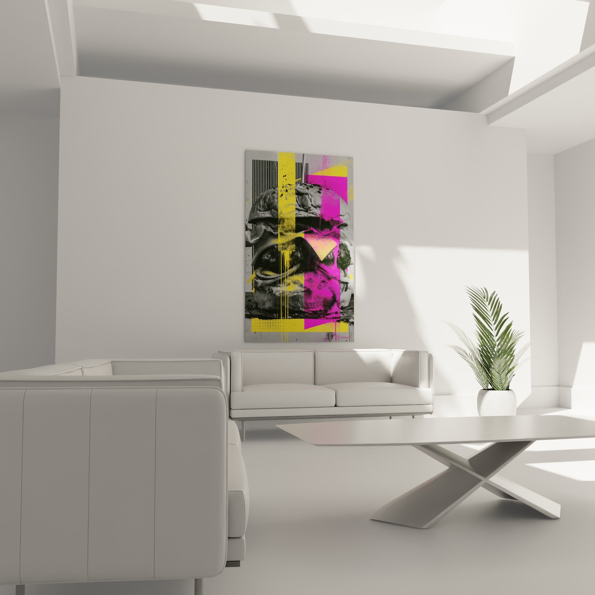 Composition graphique burger gris anthracite et rose fuchsia, au-dessus d'un canapé dans un salon lumineux