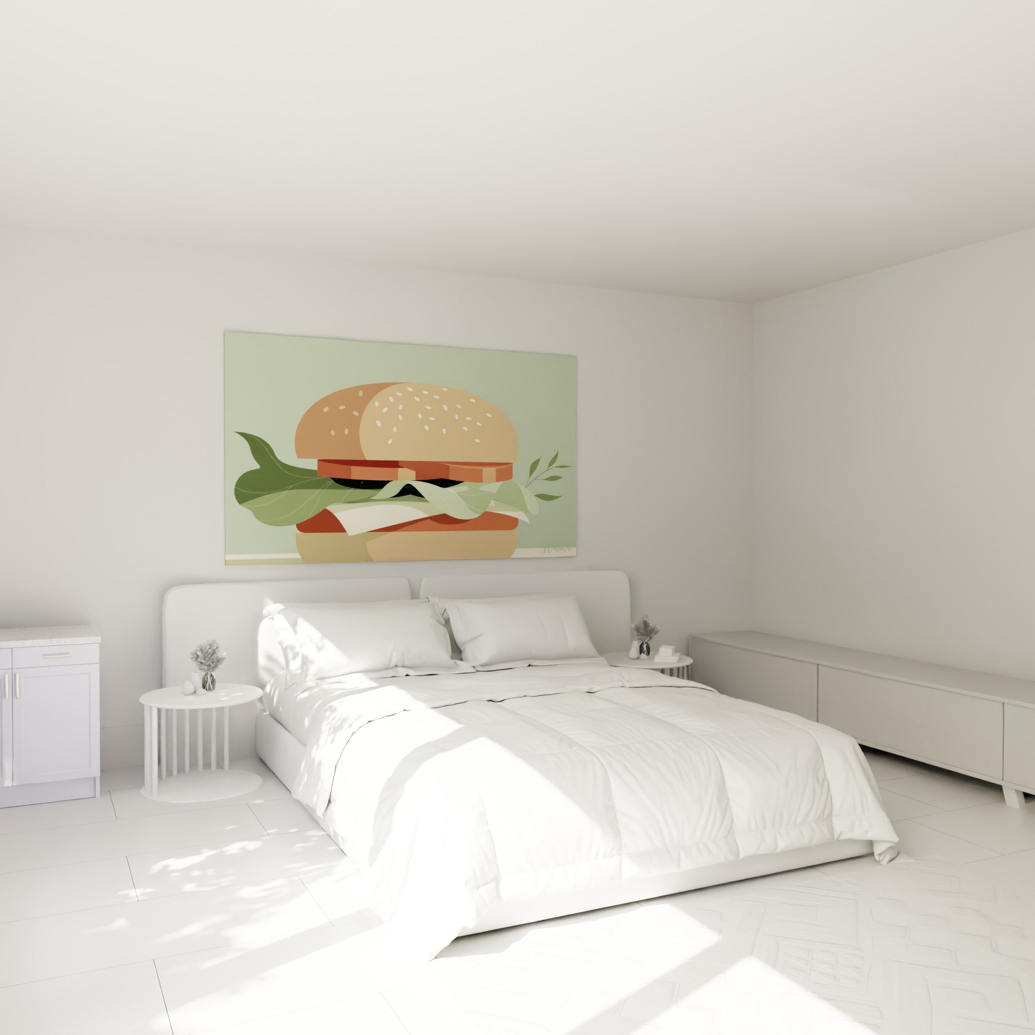 Sandwich graphique terracotta et vert sauge au-dessus d'un lit dans une chambre claire