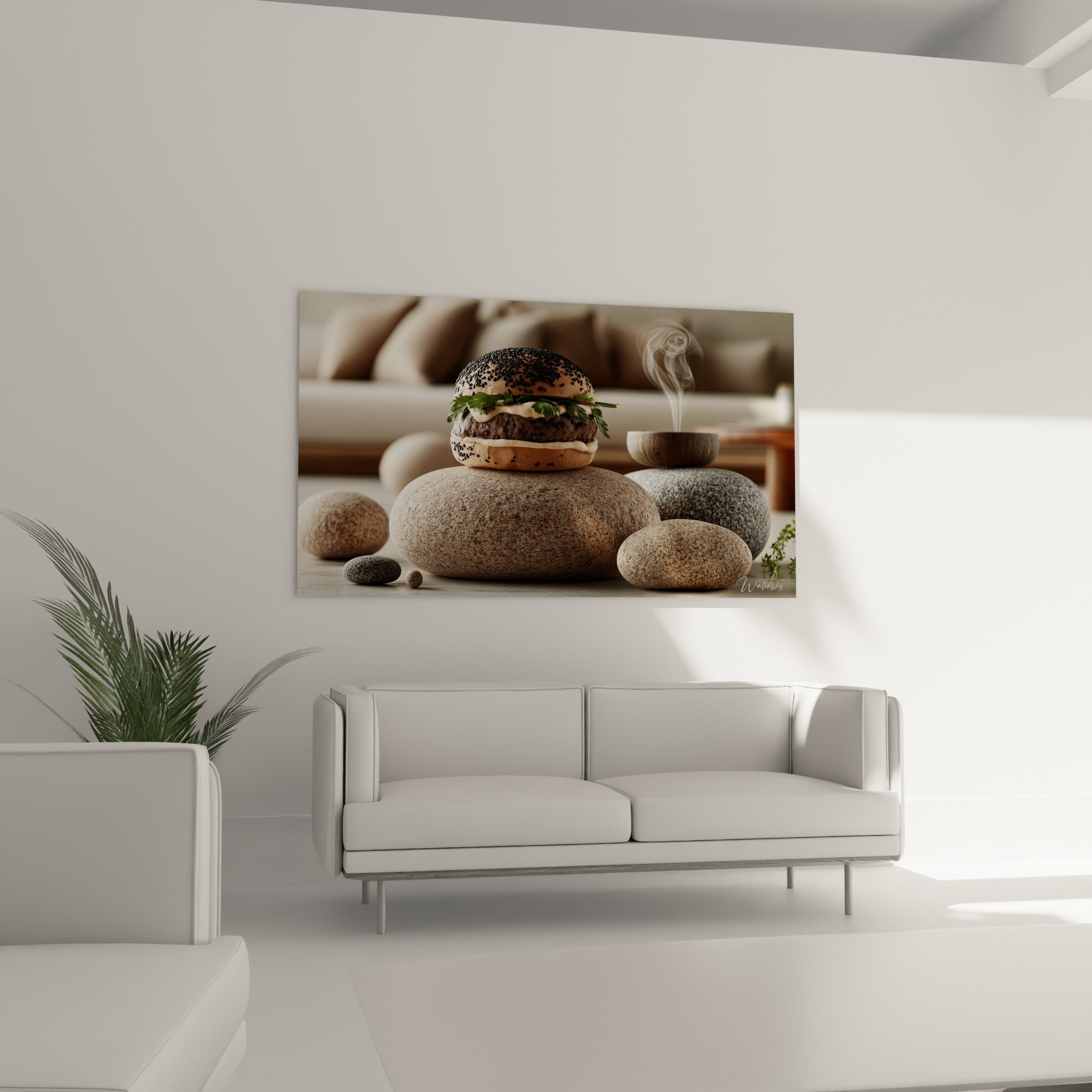 Scène minérale d'un burger terracotta entouré de galets gris, au-dessus d'un canapé dans un salon lumineux