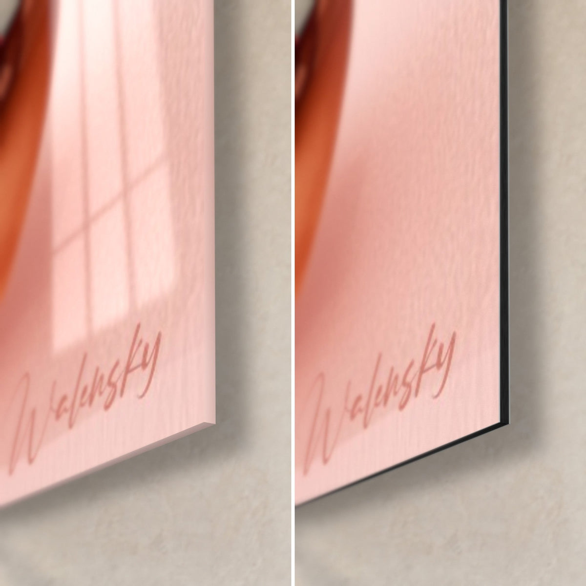 Tableau sandwich doré au jambon rose, coin bas droit en verre brillant à gauche et alu Dibond mat à droite, tranche de 3 mm