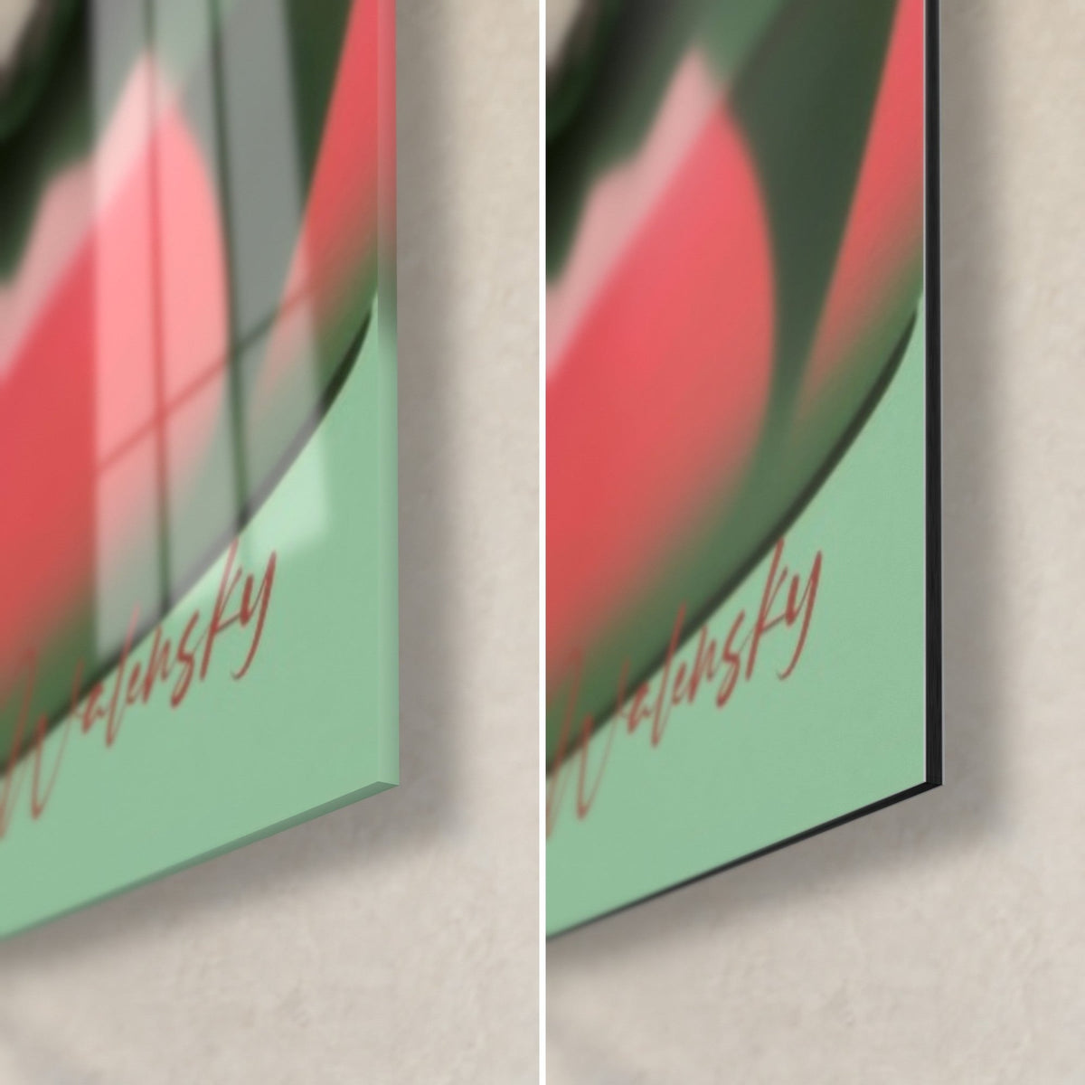 Wall art pink and green cheeseburger, bottom right corner in shiny glass reflecting light and matte Dibond, 3 mm thick