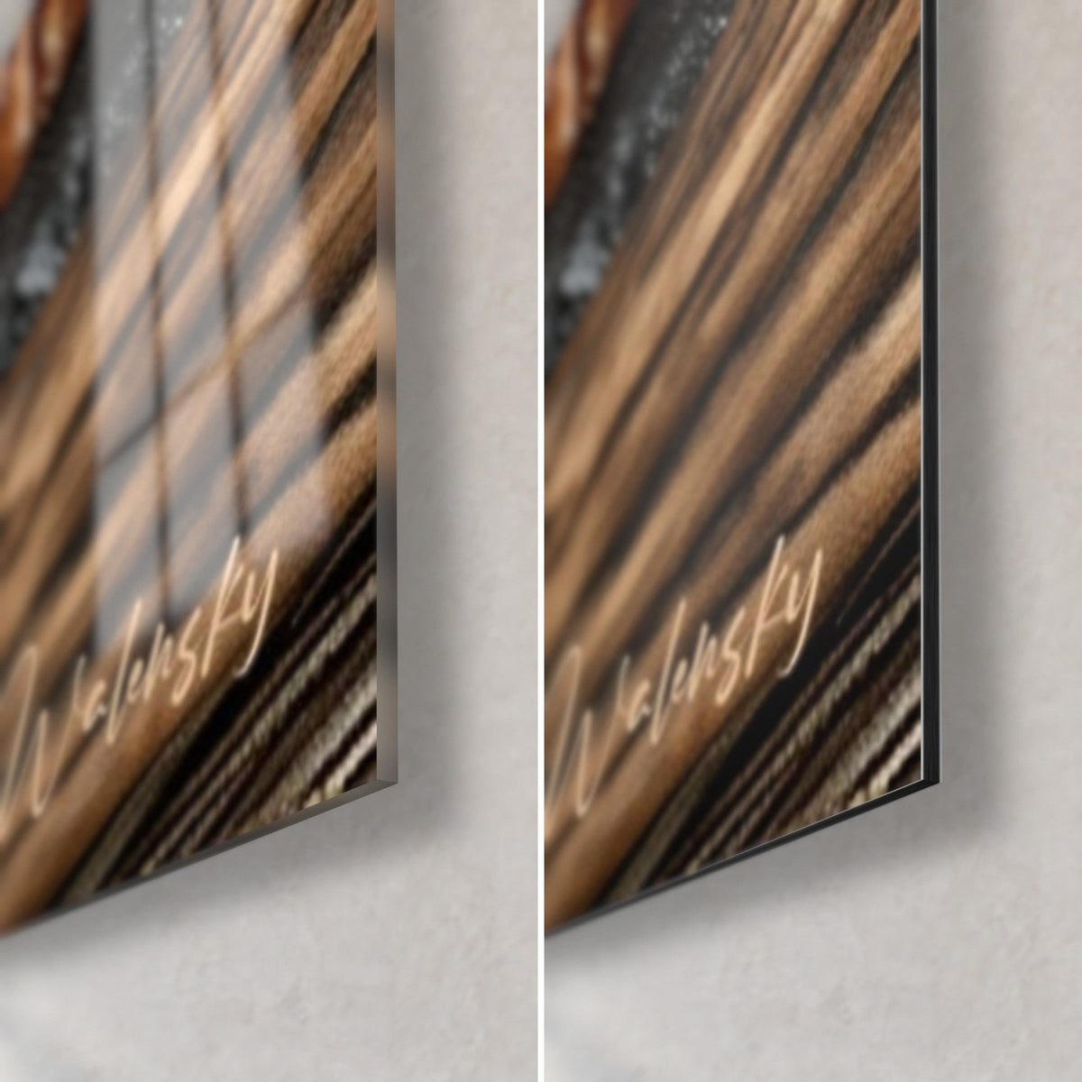 Tableau sandwich bœuf et sésame, coin bas droit : verre acrylique brillant et alu Dibond mat noir, tranche de 3 mm