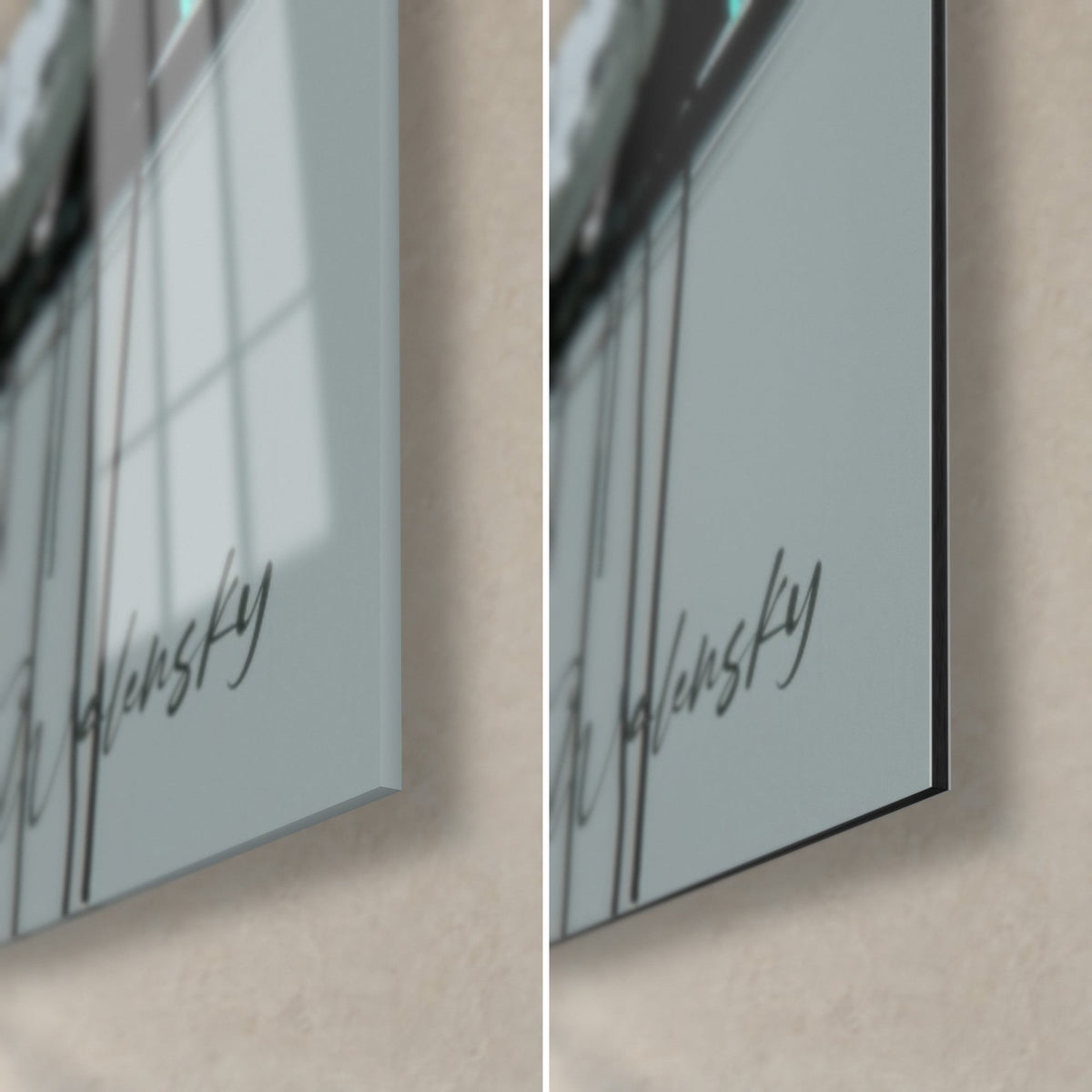 Quadro Hamburger con colature nere su grigio, angolo in basso a destra: vetro lucido a sinistra, alluminio Dibond opaco a destra, spessore 3 mm