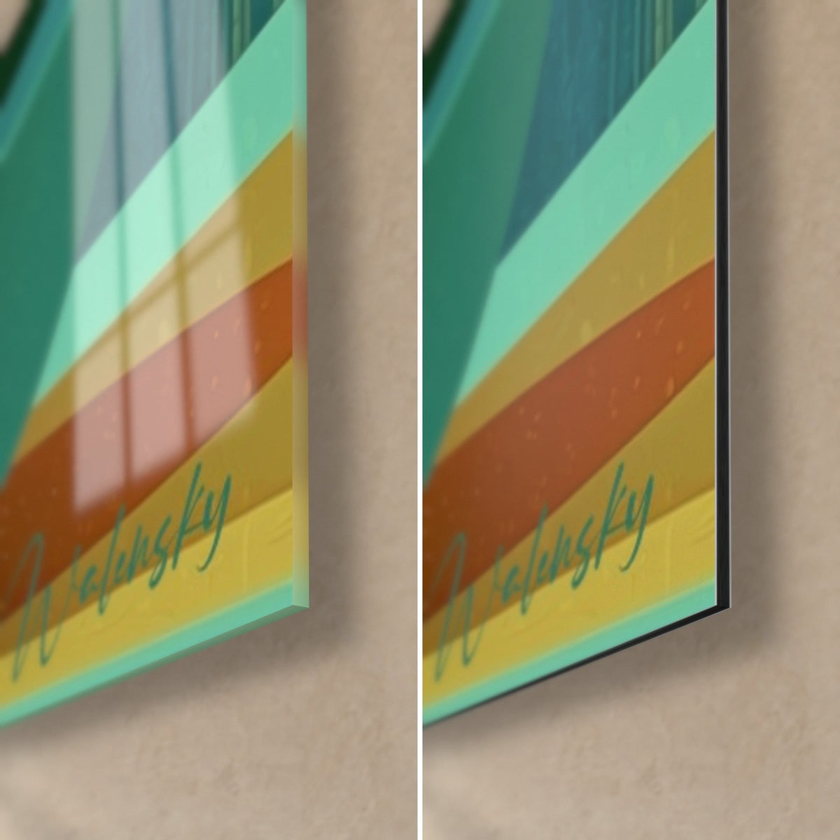 Tableau burger aux bandes turquoise, moutarde et rouille, coin bas droit : verre acrylique brillant à gauche, Dibond mat à droite