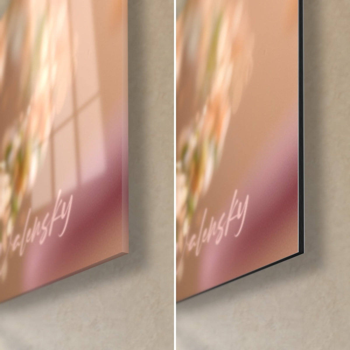 Gemälde Sandwich mit goldenem und rosa Sesam, untere rechte Ecke: glänzendes Acrylglas links, matt Dibond-Alu rechts, 3 mm Stärke