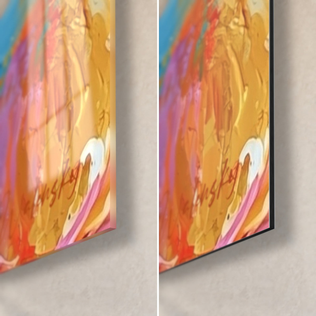 Tableau burger en empâtements rose fuchsia et orange, coin bas droit en verre acrylique brillant et alu Dibond mat, tranche de 3 mm