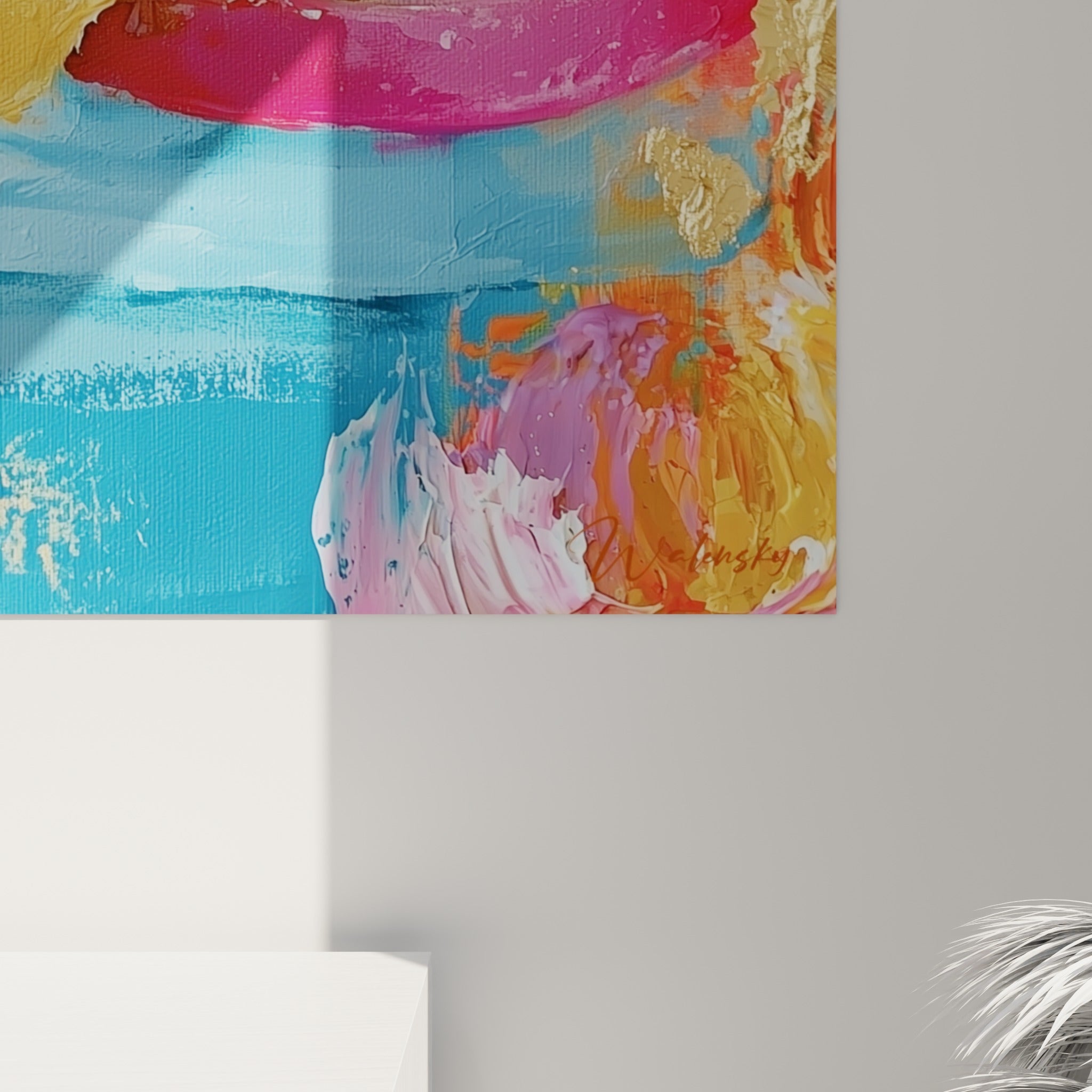 Détail des empâtements dorés et coulures roses sur la toile burger vue de près