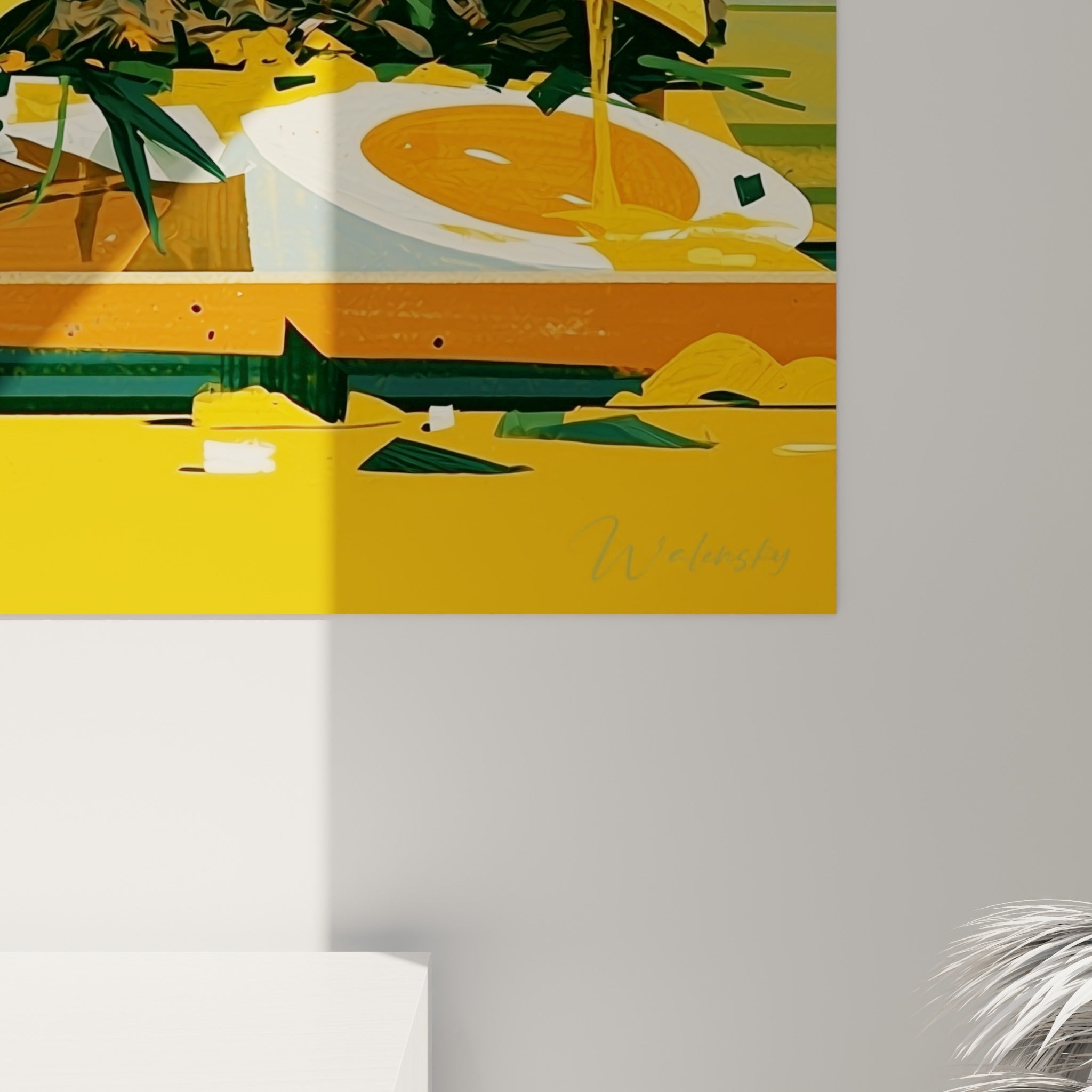 Empâtements colorés du pain sésamé et coulures d'œuf visibles en gros plan sur la toile