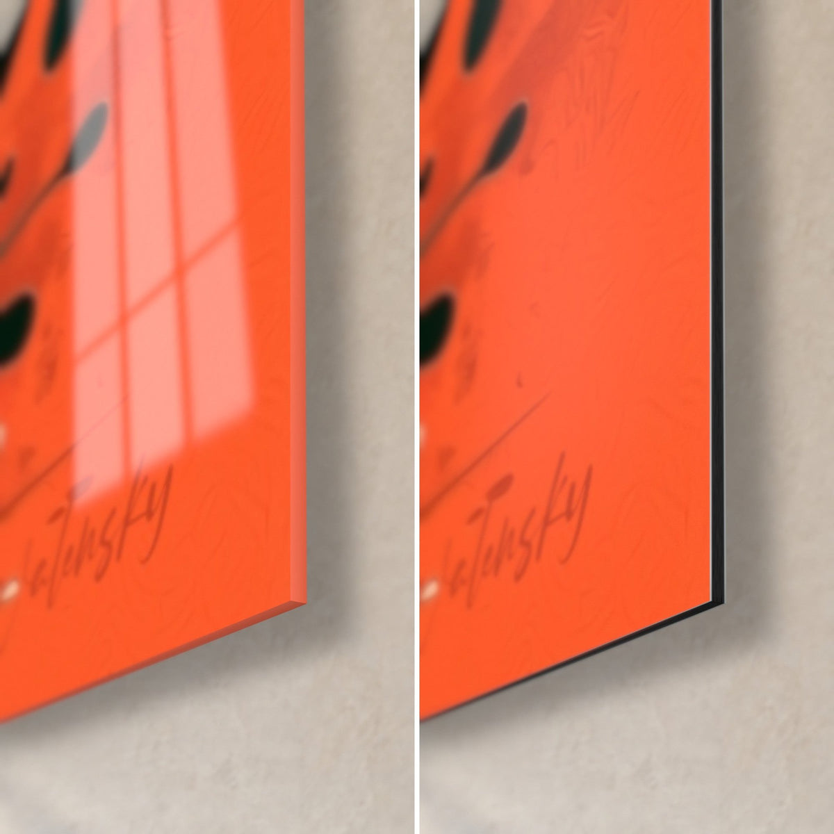 Quadro banchetto grafico, angolo in basso a destra: firma Walensky arancione, vetro lucido con riflessi, bordo nero da 3 mm su Dibond opaco