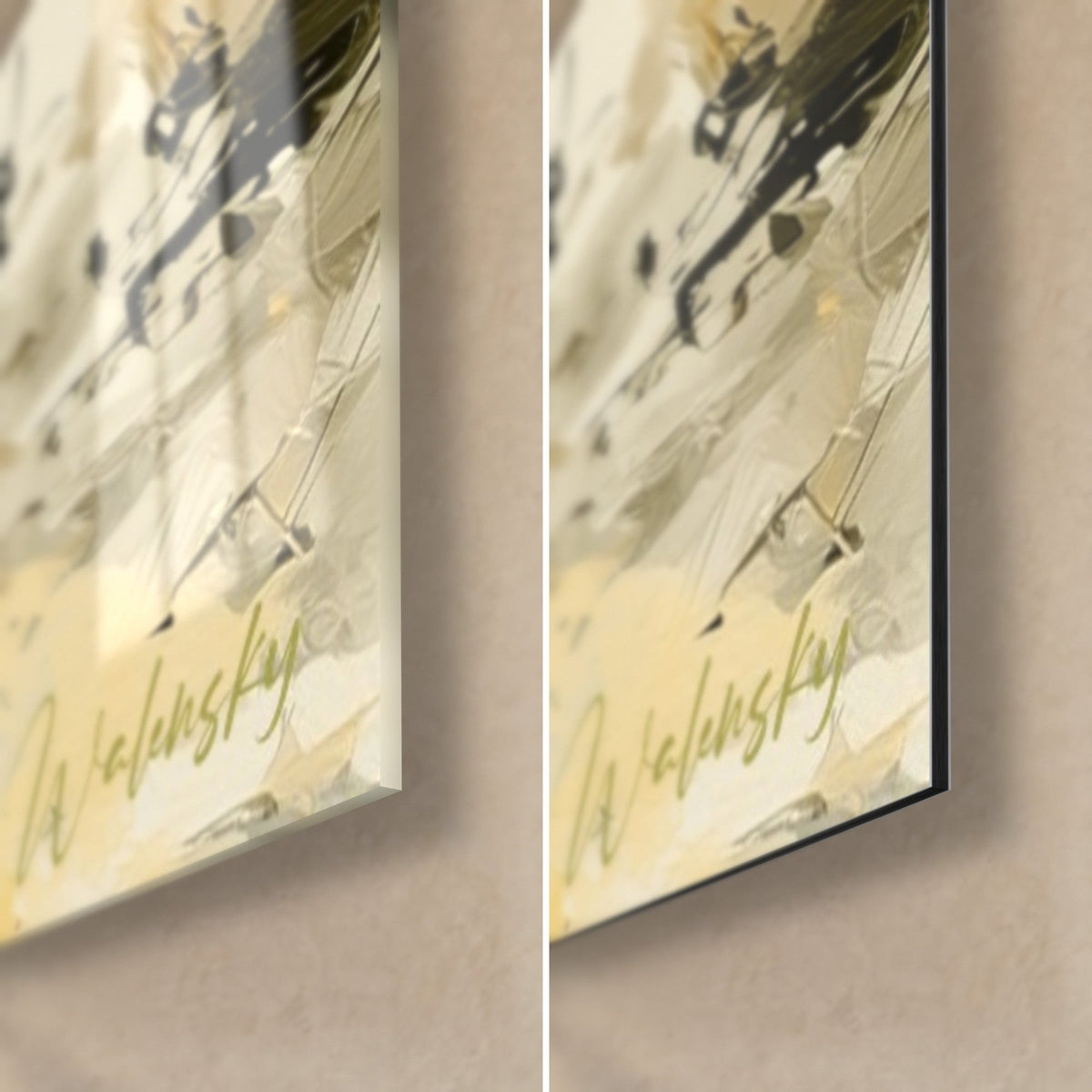 Tableau pain brioché peint en beige et or, coin bas droit en verre brillant à reflets et Dibond noir mat, tranche de 3 mm