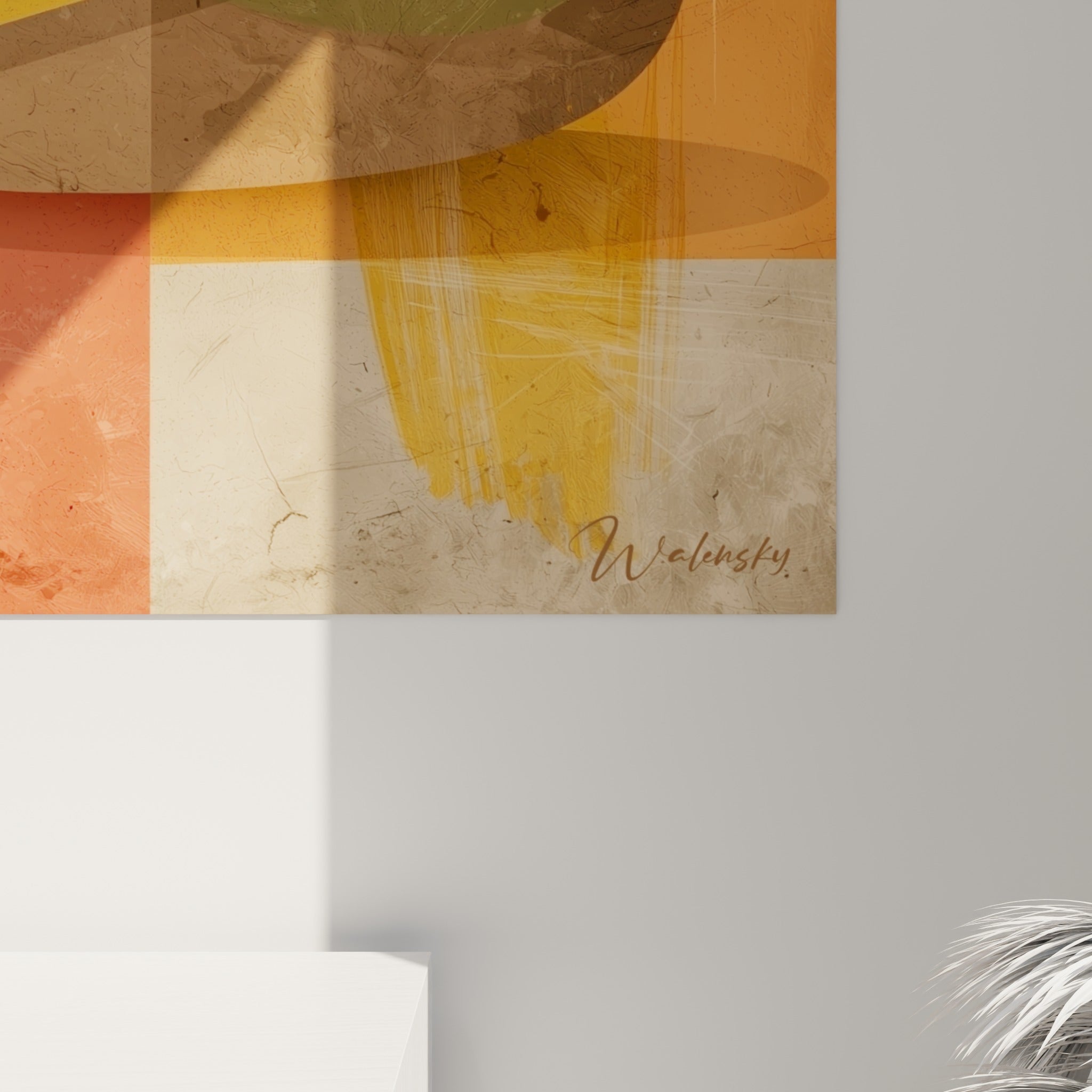 Détail des textures granuleuses et éraflures beige et orange sur l'impression du burger stylisé