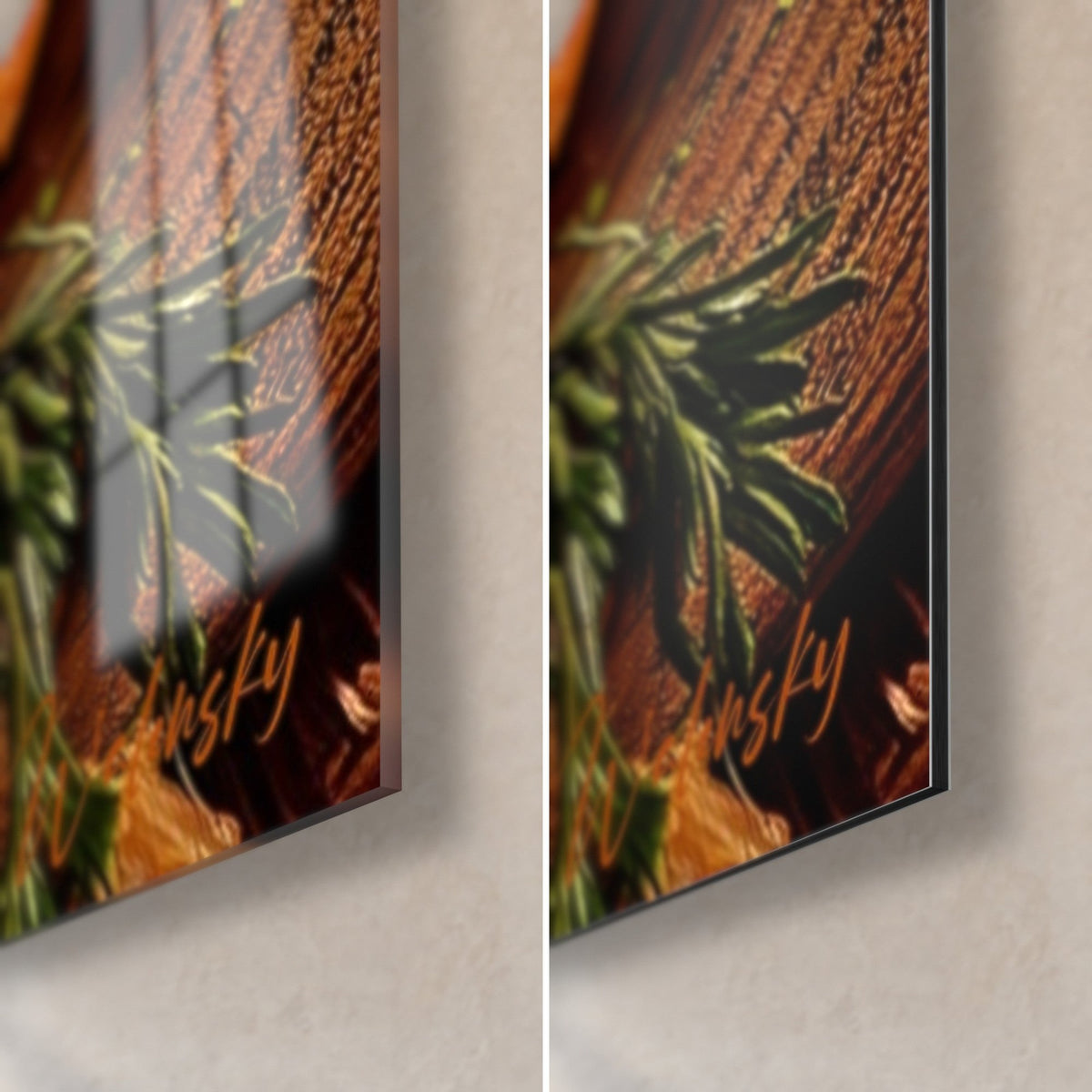 Tableau burger au persil vert sur planche brune, coin bas droit : verre brillant à gauche, alu Dibond mat, tranche de 3 mm