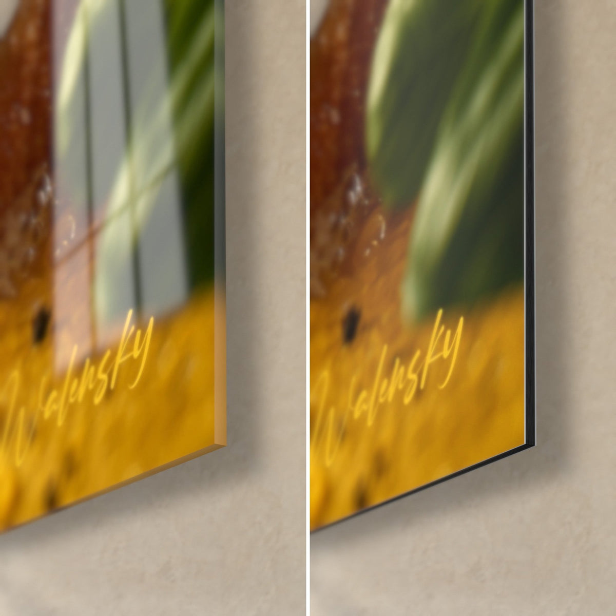 Wall art burger with glistening droplets, bottom right corner in light-reflecting acrylic glass and matte black Dibond aluminium, 3 mm thick
