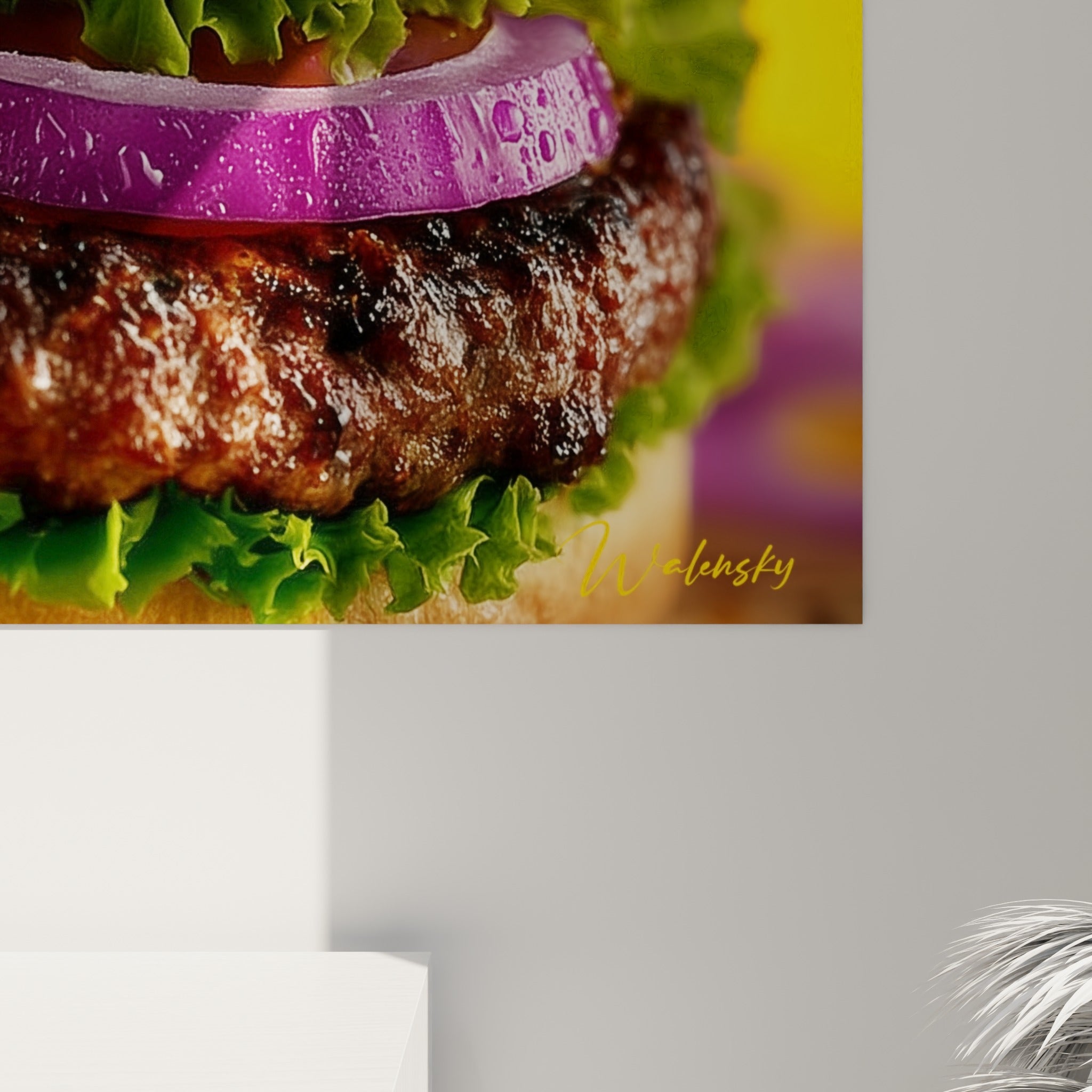 Grain de la viande grillée et brillance du pain au sésame, textures brune et dorée en gros plan sur la toile