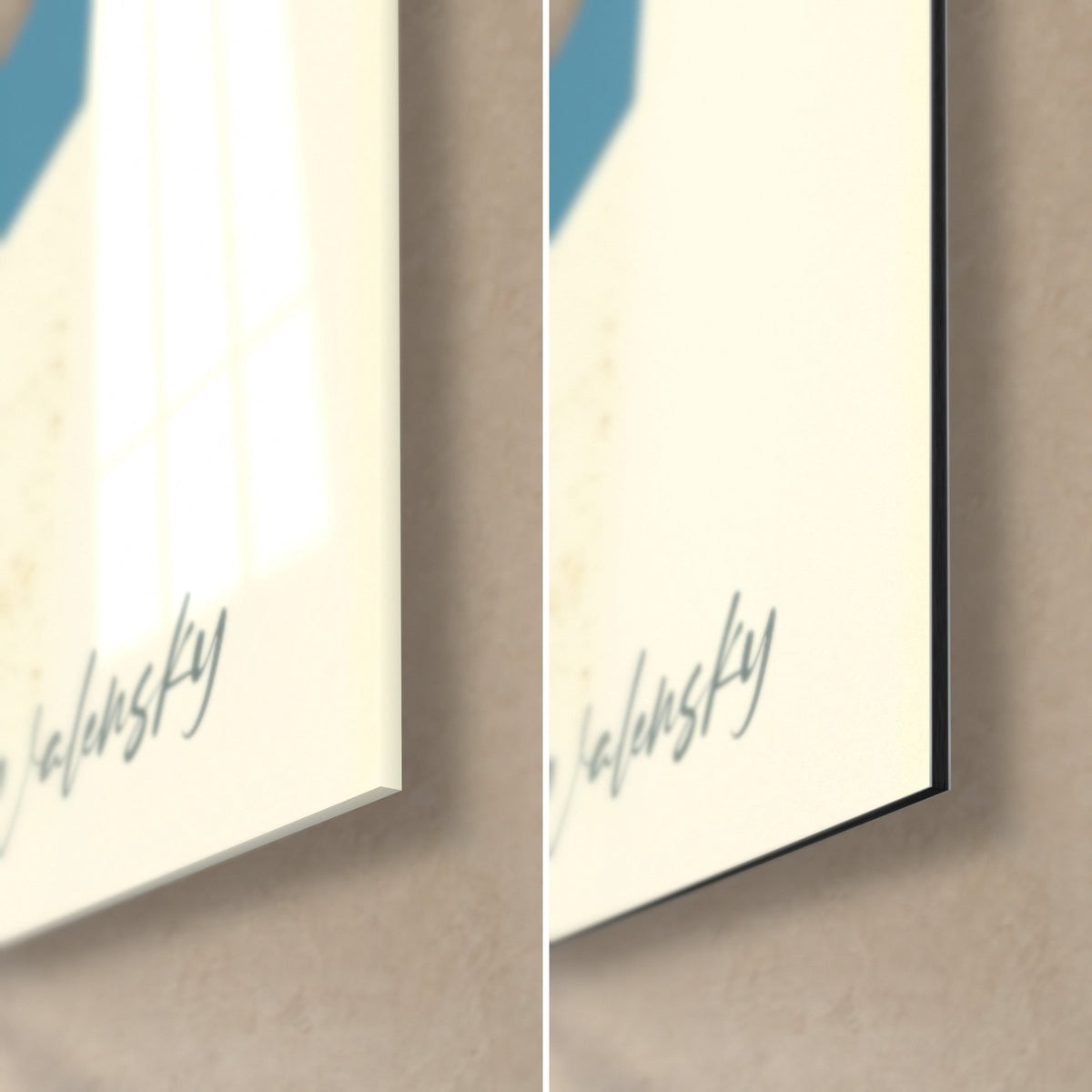 Tableau sandwich burger en sérigraphie, coin bas droit : verre acrylique brillant à gauche, alu Dibond noir mat à droite, tranche de 3 mm