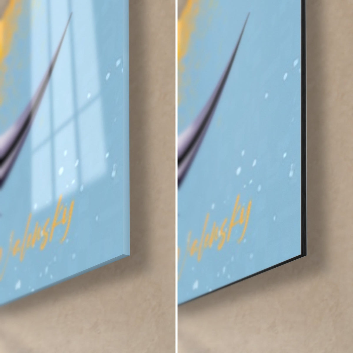 Quadro di un burger su sfondo azzurro cielo punteggiato di giallo, firma dorata, angolo in basso a destra in vetro lucido e alluminio Dibond opaco