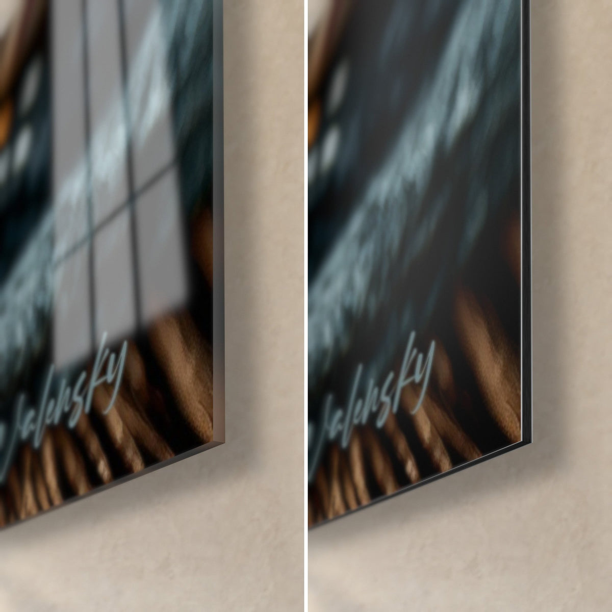Tableau hamburger de chef, coin bas droit : verre acrylique brillant à gauche, Dibond mat à droite, tranche de 3 mm visible